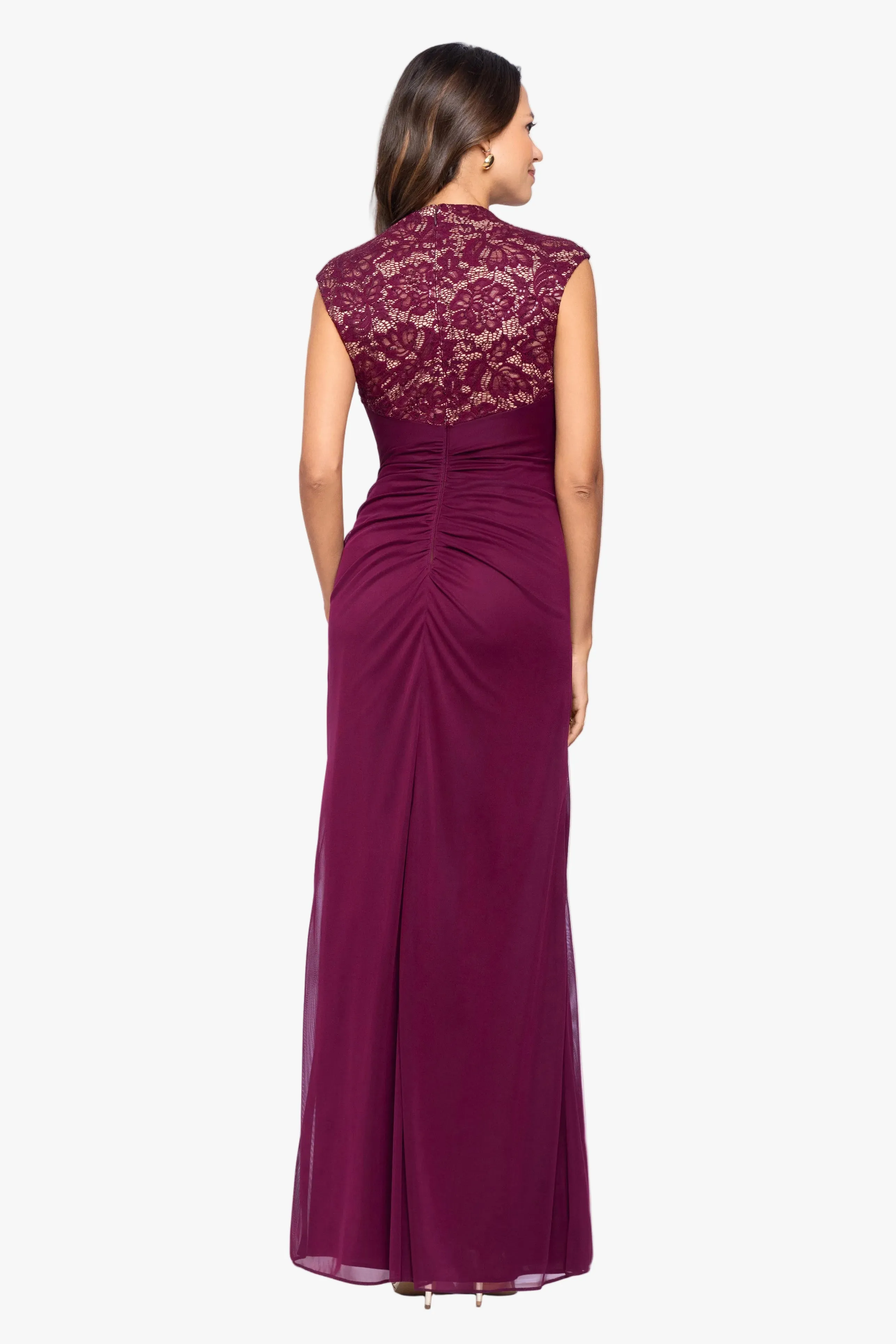 “Dayna” Sheer Matte Jersey Knit Lace Neck Ruched Dress sold by Betsy & Adam product image thumbnail 3