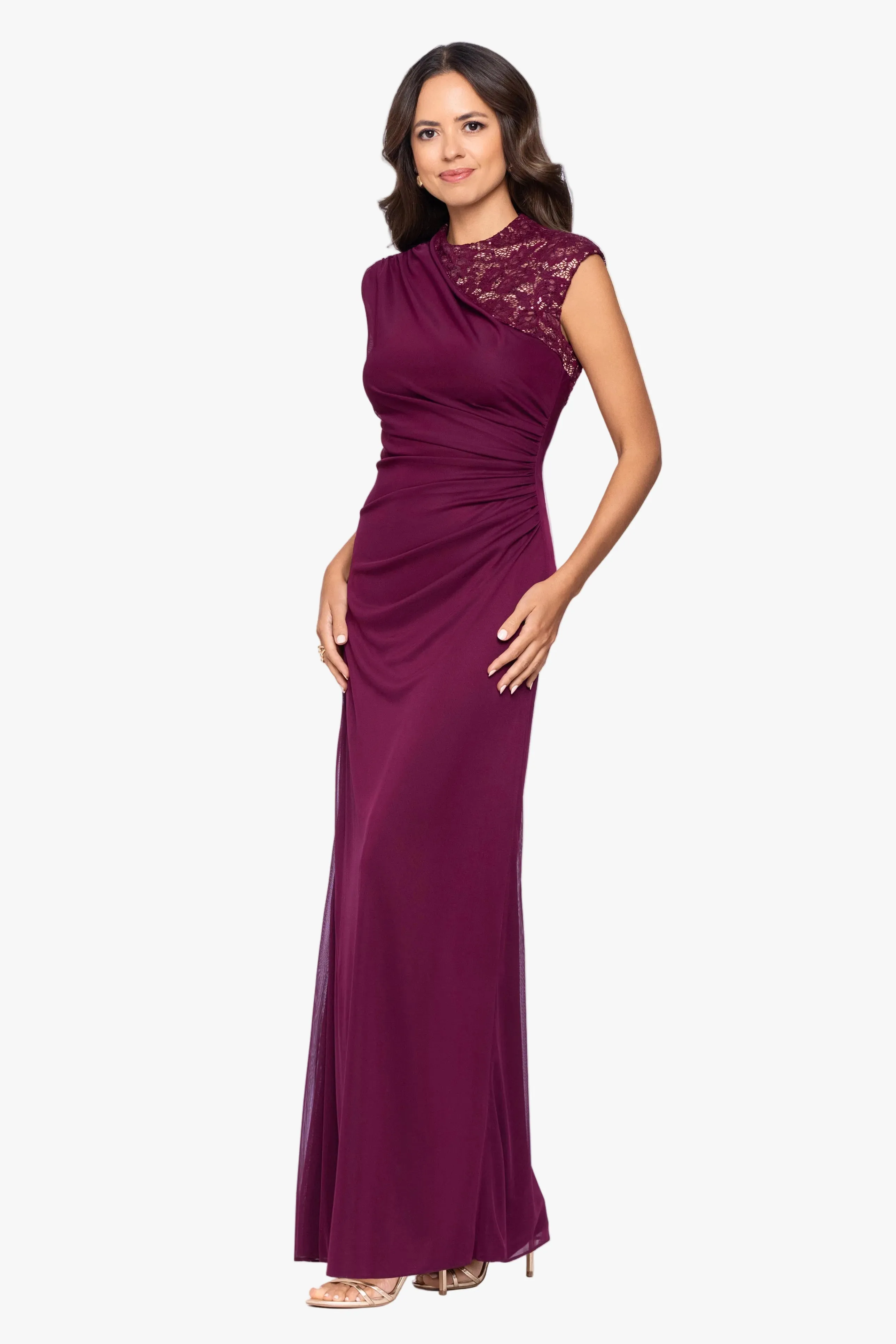 “Dayna” Sheer Matte Jersey Knit Lace Neck Ruched Dress sold by Betsy & Adam product image thumbnail 4