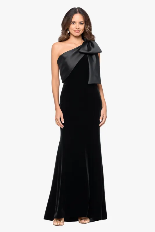 "Elena" Velvet One Shoulder & Mikado Bow Dress made by Betsy & Adam