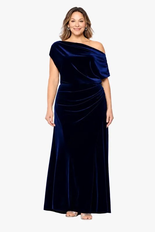 Plus "Evie" Velvet Off The Shoulder Asymmetrical Dress made by Betsy & Adam