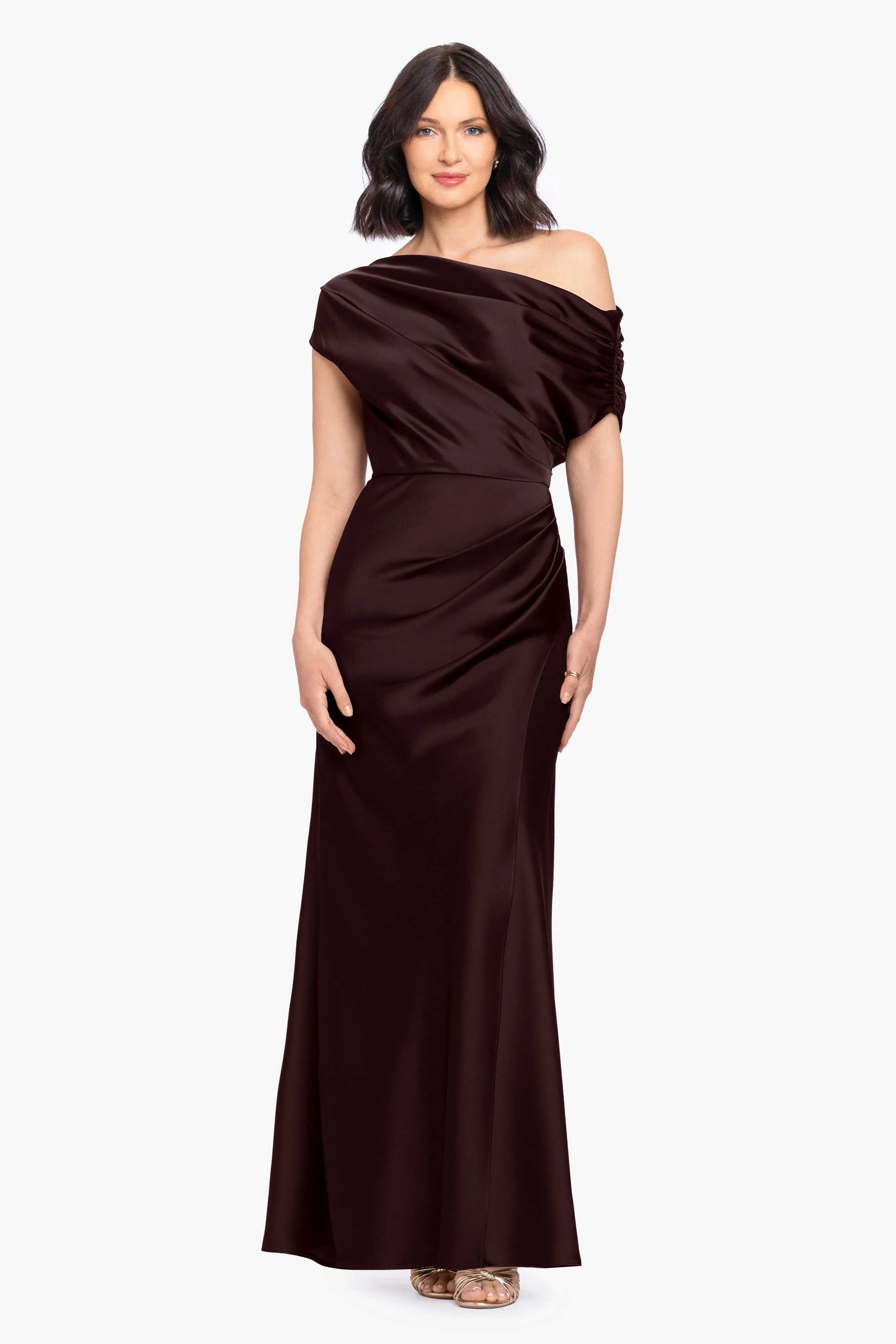 Petite “Hailey” Double Faced Satin Off The Shoulder Ruched Dress sold by Betsy & Adam