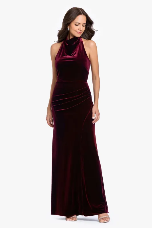"Scarlett" Velvet Halter Ruched Back Dress made by Betsy & Adam