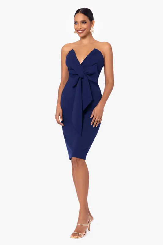"Gloria" Short Scuba Crepe Strapless V-Neck Bow Dress made by Betsy & Adam