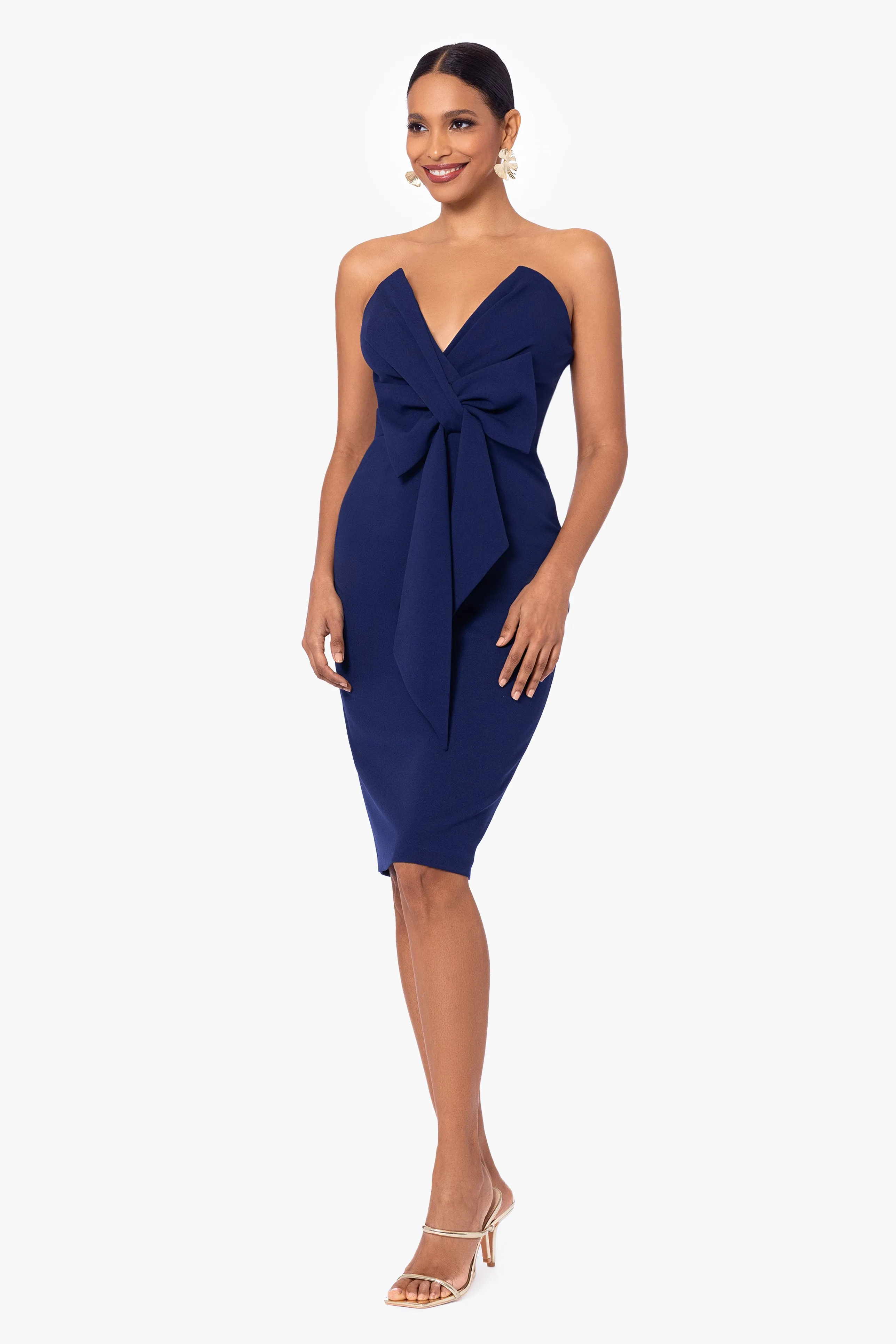 "Gloria" Short Scuba Crepe Strapless V-Neck Bow Dress sold by Betsy & Adam