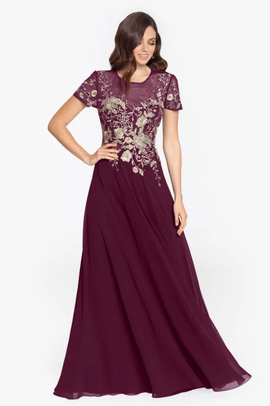 "Ivanna" Long Embroidered Mesh Cap Sleeve Dress sold by Betsy & Adam
