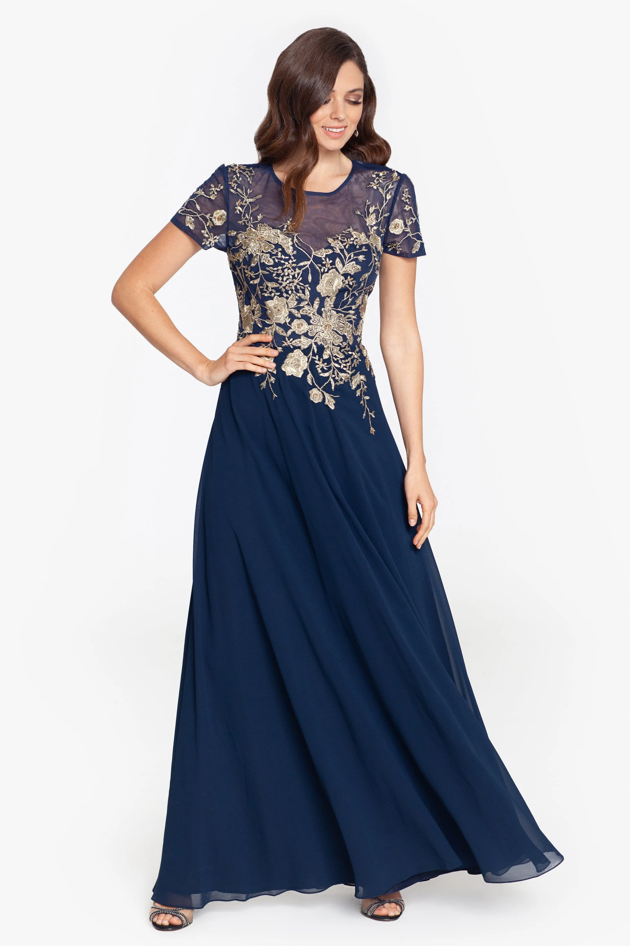 "Ivanna" Long Embroidered Mesh Cap Sleeve Dress sold by Betsy & Adam product image thumbnail 3