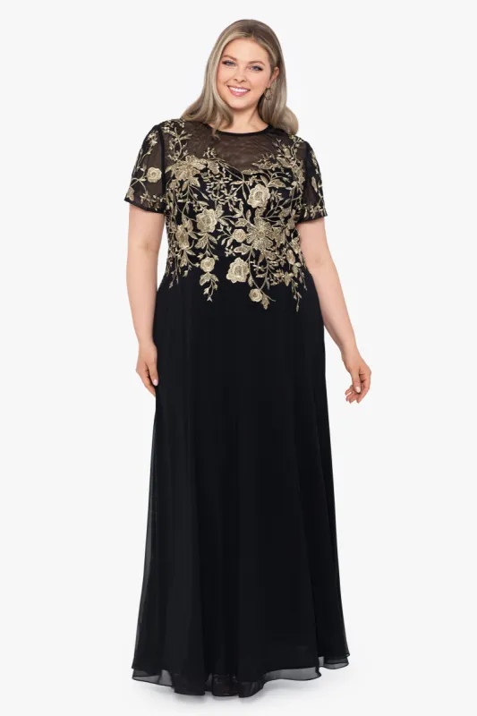 Plus "Ivanna" Long Embroidered Mesh Cap Sleeve Dress sold by Betsy & Adam