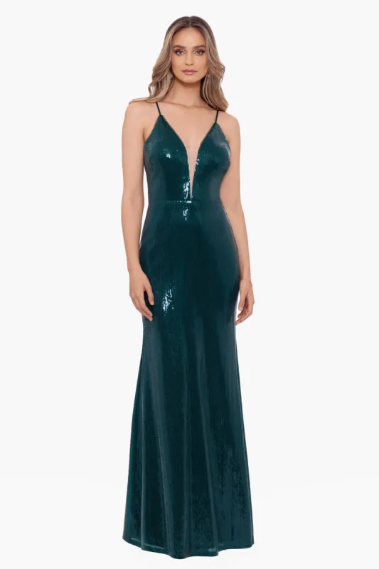 "Gianna" Long Sequin Spaghetti Strap Deep V Gown sold by Betsy & Adam