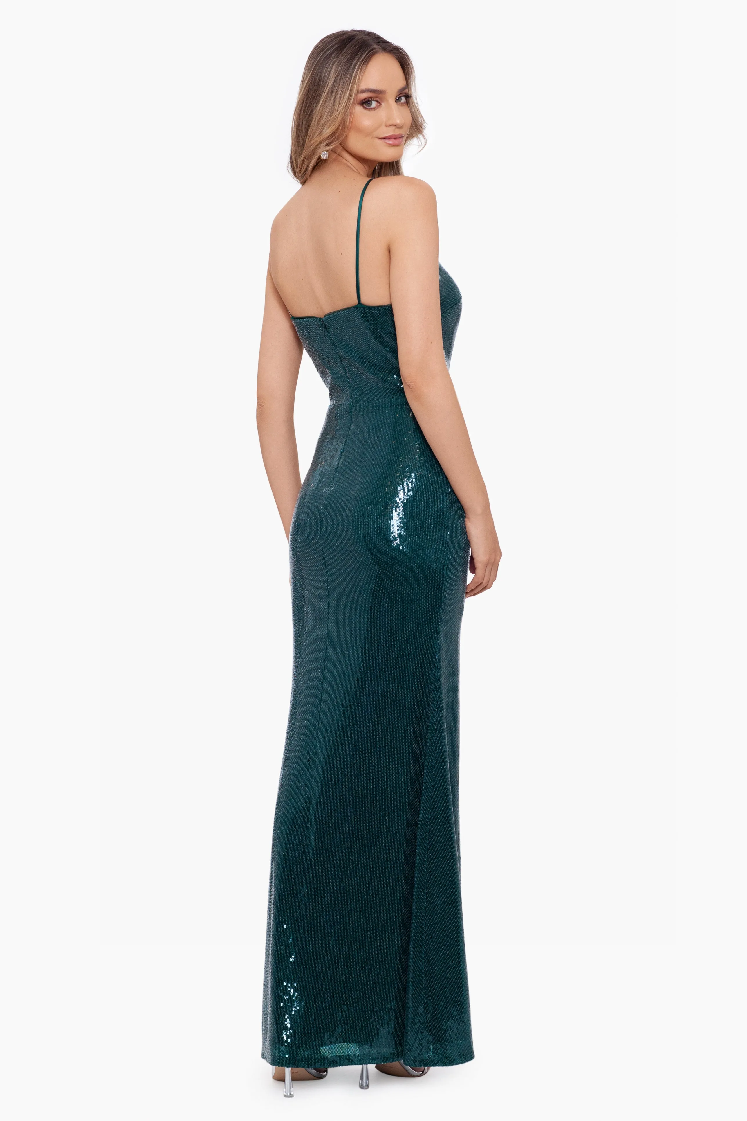 "Gianna" Long Sequin Spaghetti Strap Deep V Gown sold by Betsy & Adam product image thumbnail 2