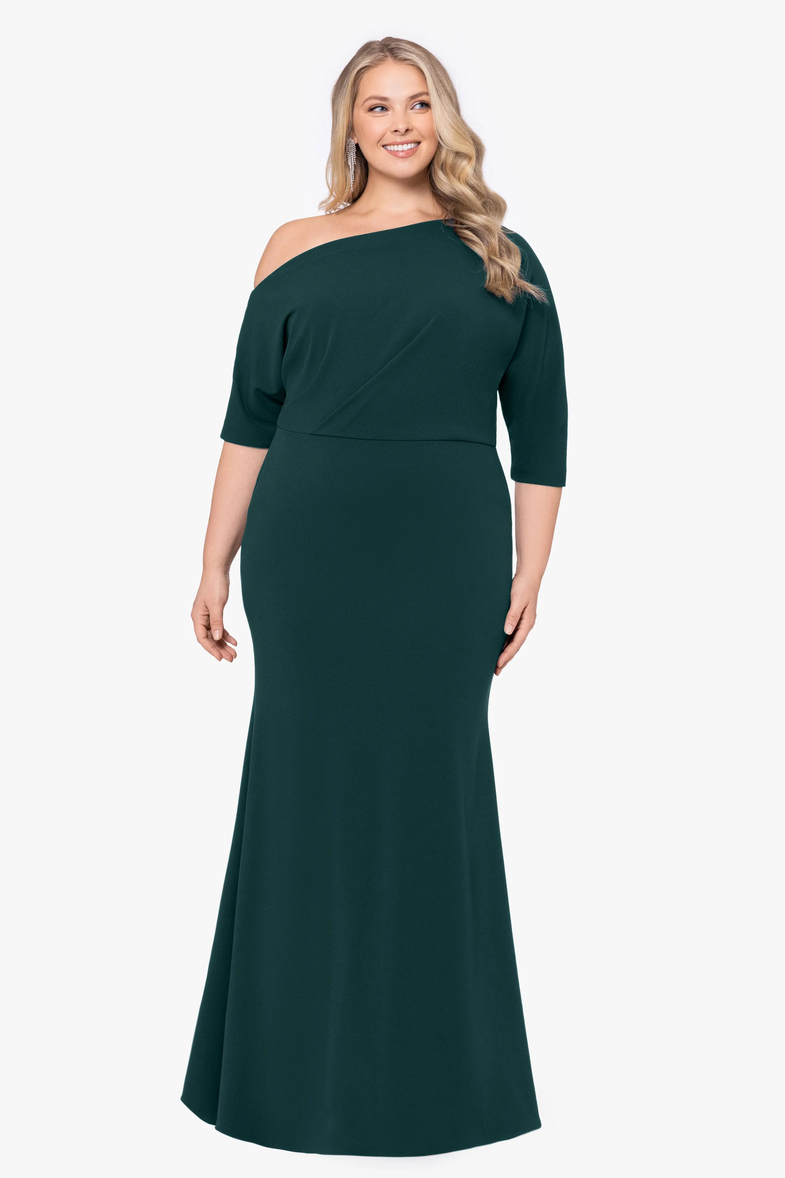 Plus "Madeline" Long Scuba Crepe Off the Shoulder Drop Dress sold by Betsy & Adam