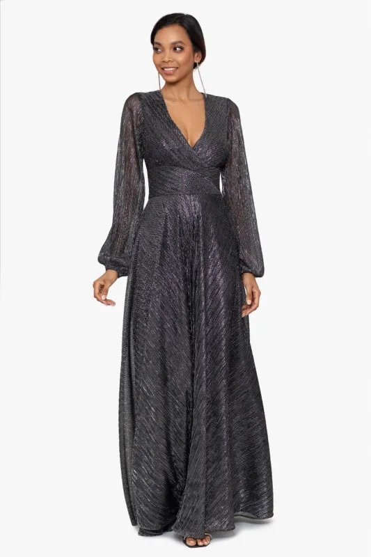 Plus "Reign" Long Sleeve V Neck Metallic Knit Wrap Dress | Parallel