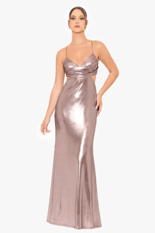 "Livy" Metallic Backless Gown made by Betsy & Adam