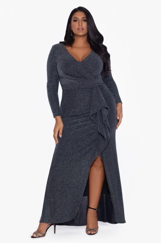 Plus "Rhonda" V-Neck Metallic Knit Long Dress made by Betsy & Adam