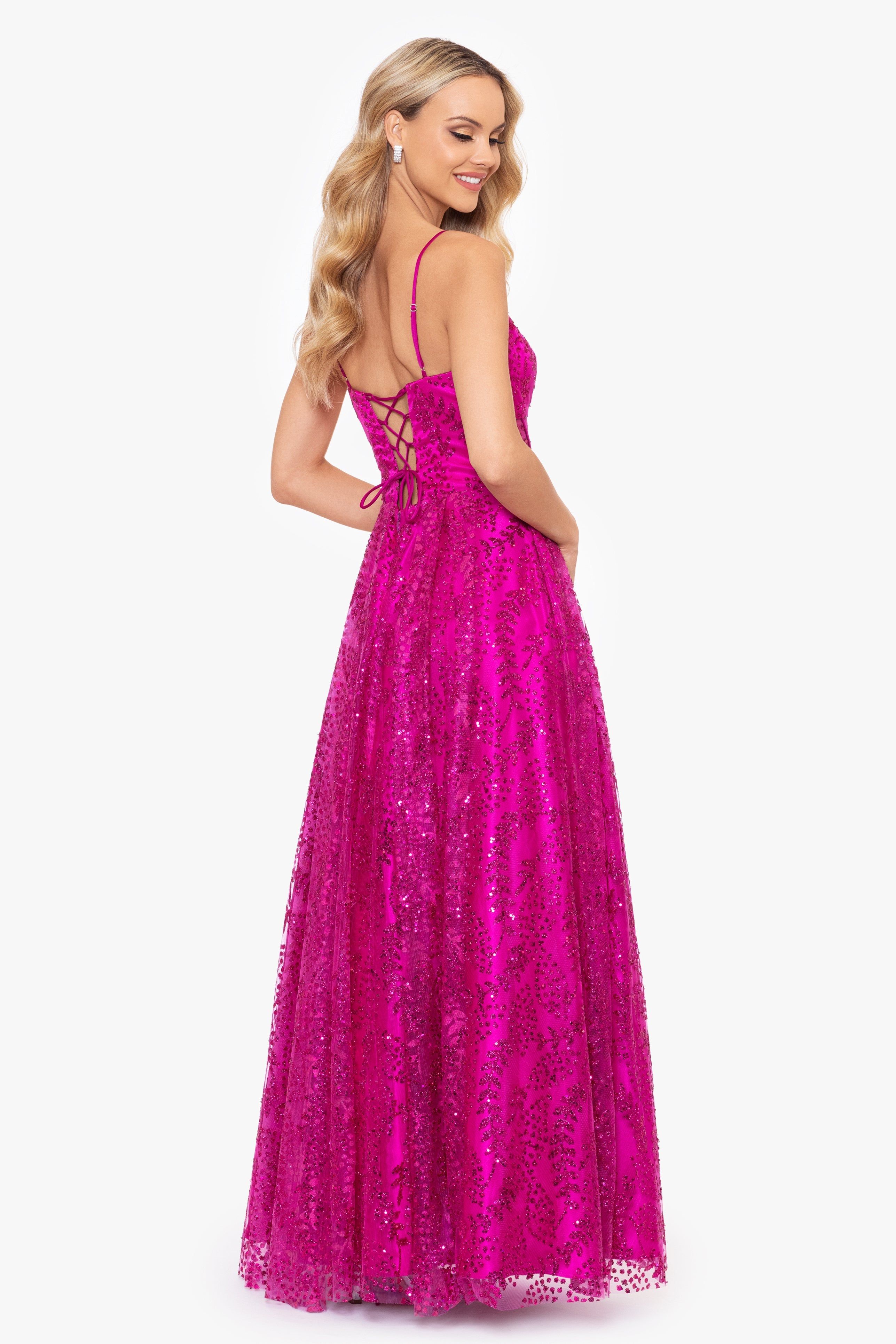 "Lizzy" Long Glitter Mesh Corset Tied Back Dress sold by Betsy & Adam product image thumbnail 2