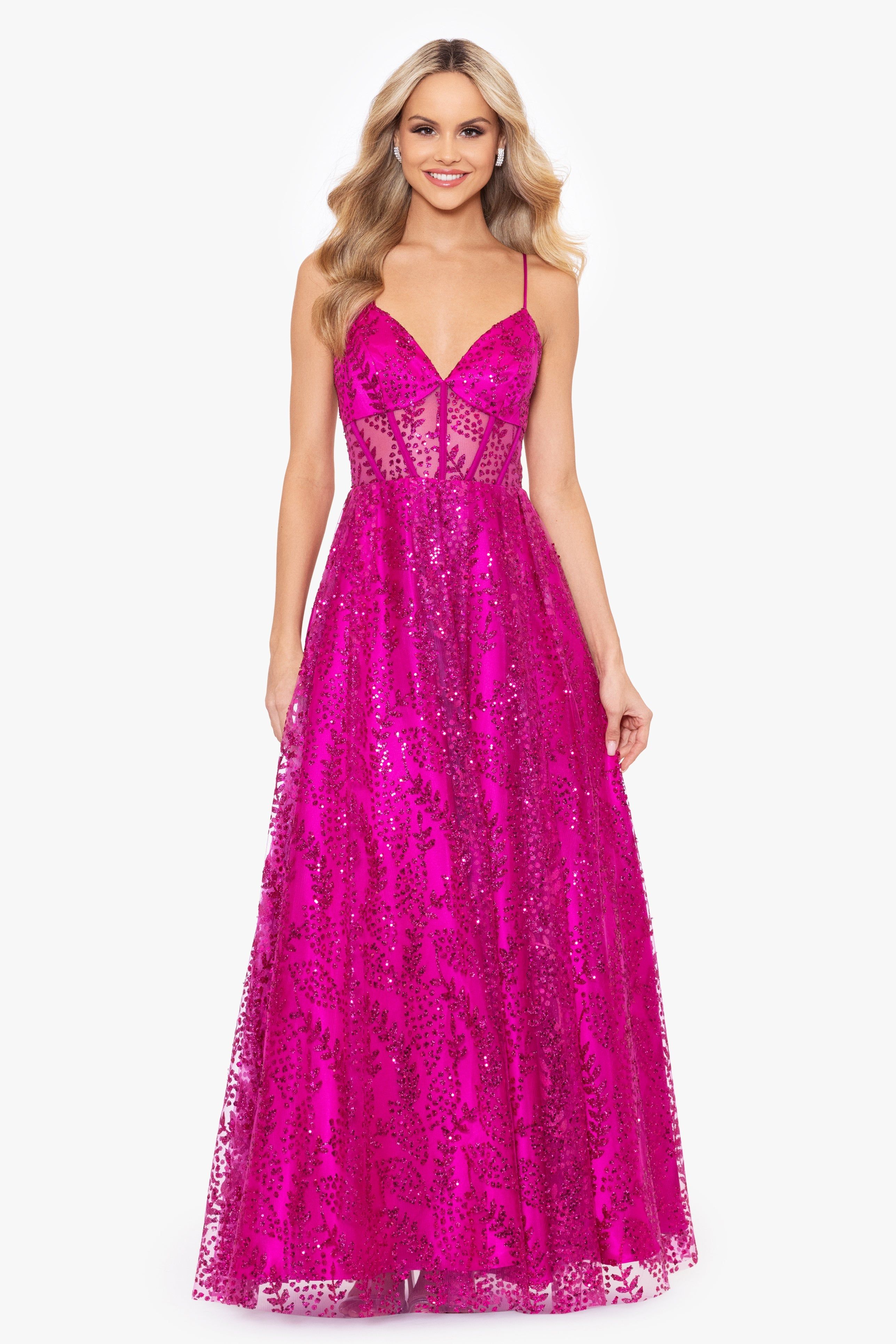 "Lizzy" Long Glitter Mesh Corset Tied Back Dress sold by Betsy & Adam