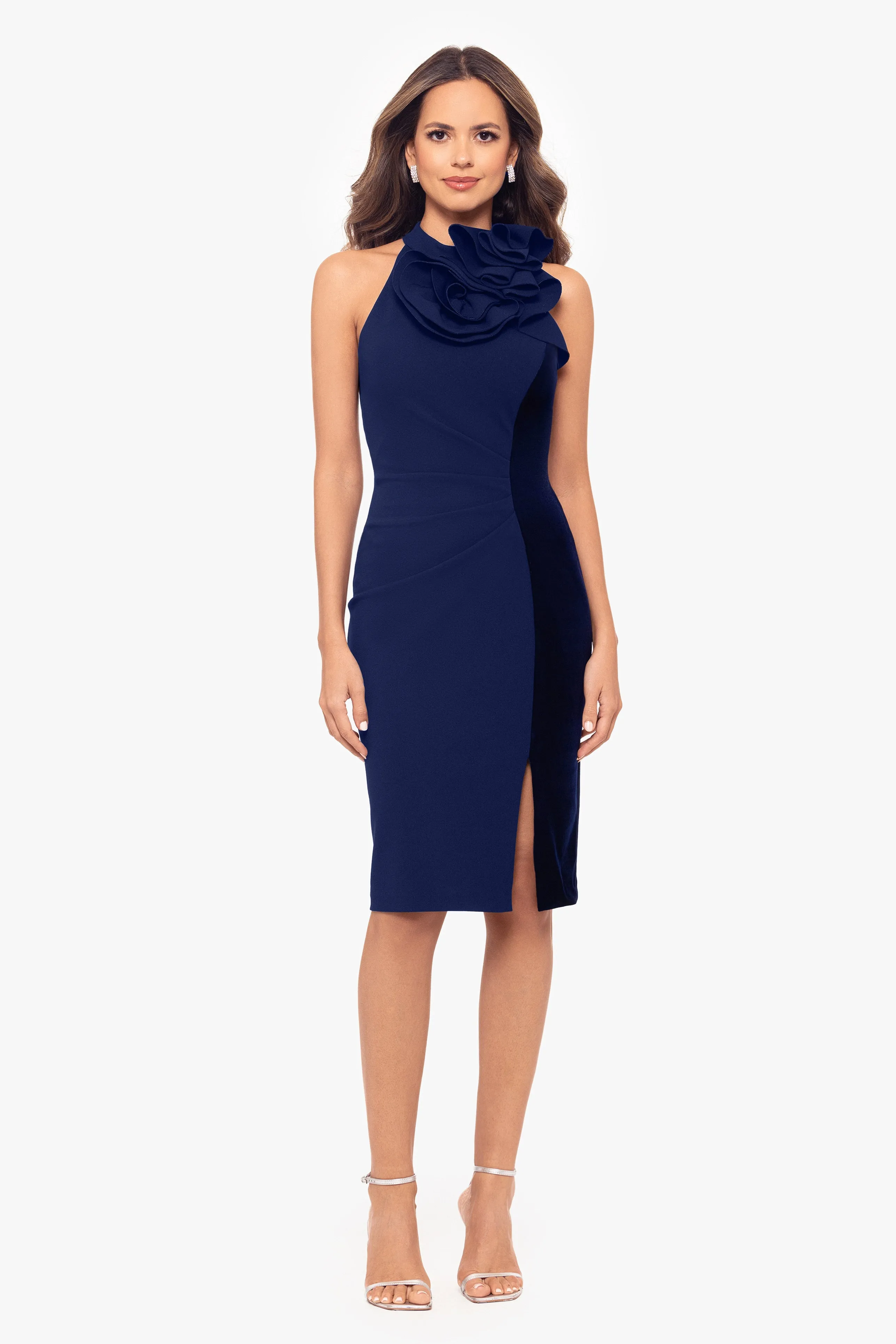 "Fleur" Short Ruffle Halter Neck Scuba Crepe and Velvet Stripe Dress sold by Betsy & Adam