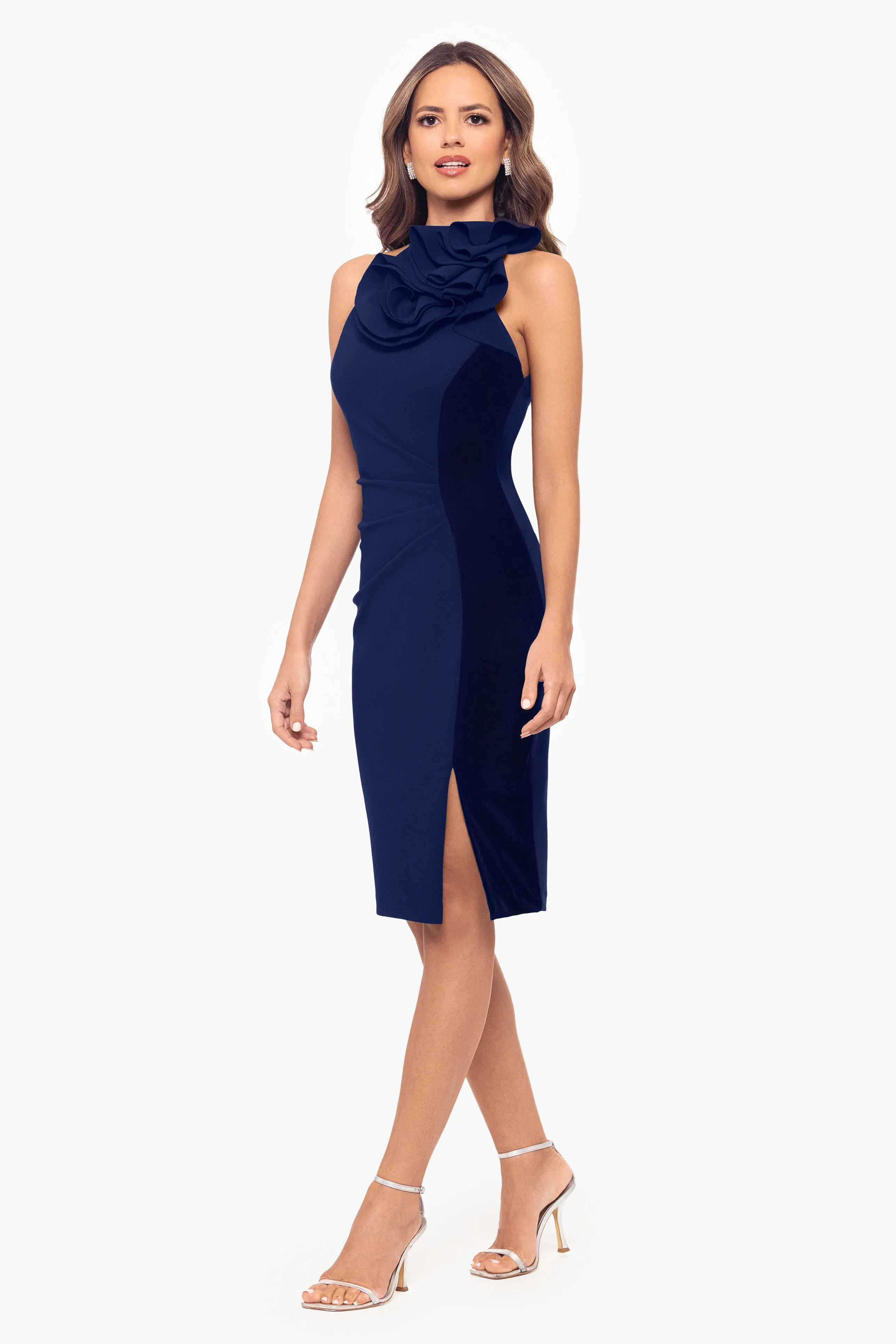 "Fleur" Short Ruffle Halter Neck Scuba Crepe and Velvet Stripe Dress sold by Betsy & Adam product image thumbnail 3