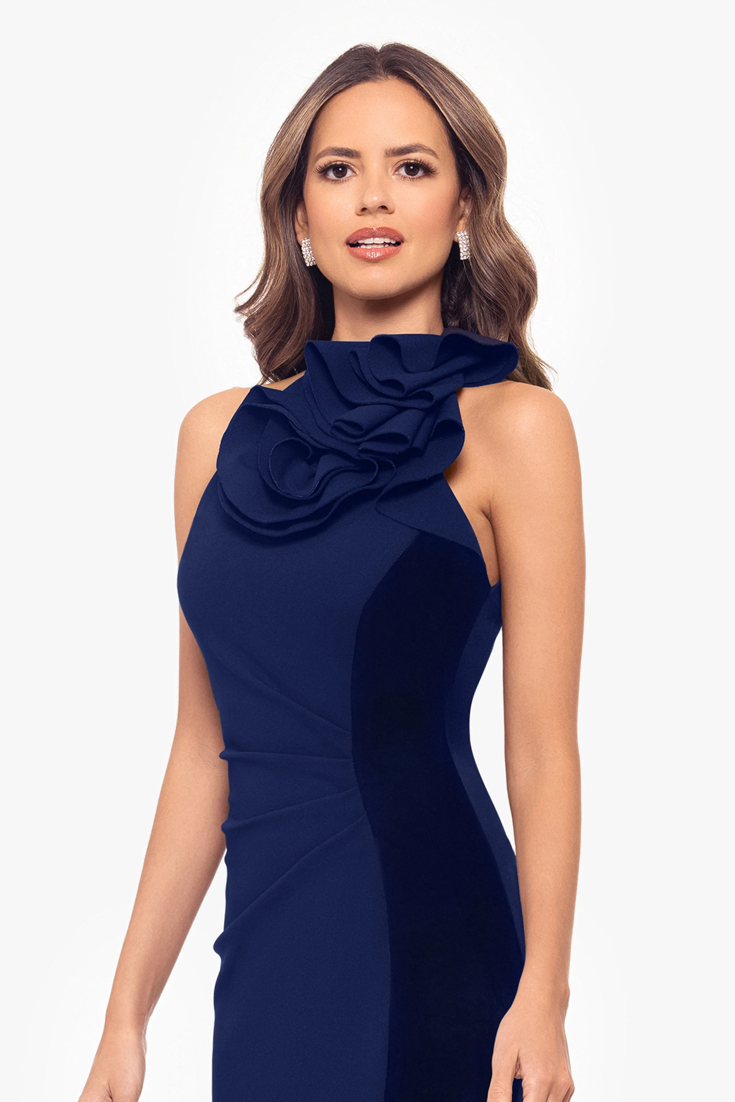 "Fleur" Short Ruffle Halter Neck Scuba Crepe and Velvet Stripe Dress sold by Betsy & Adam product image thumbnail 4