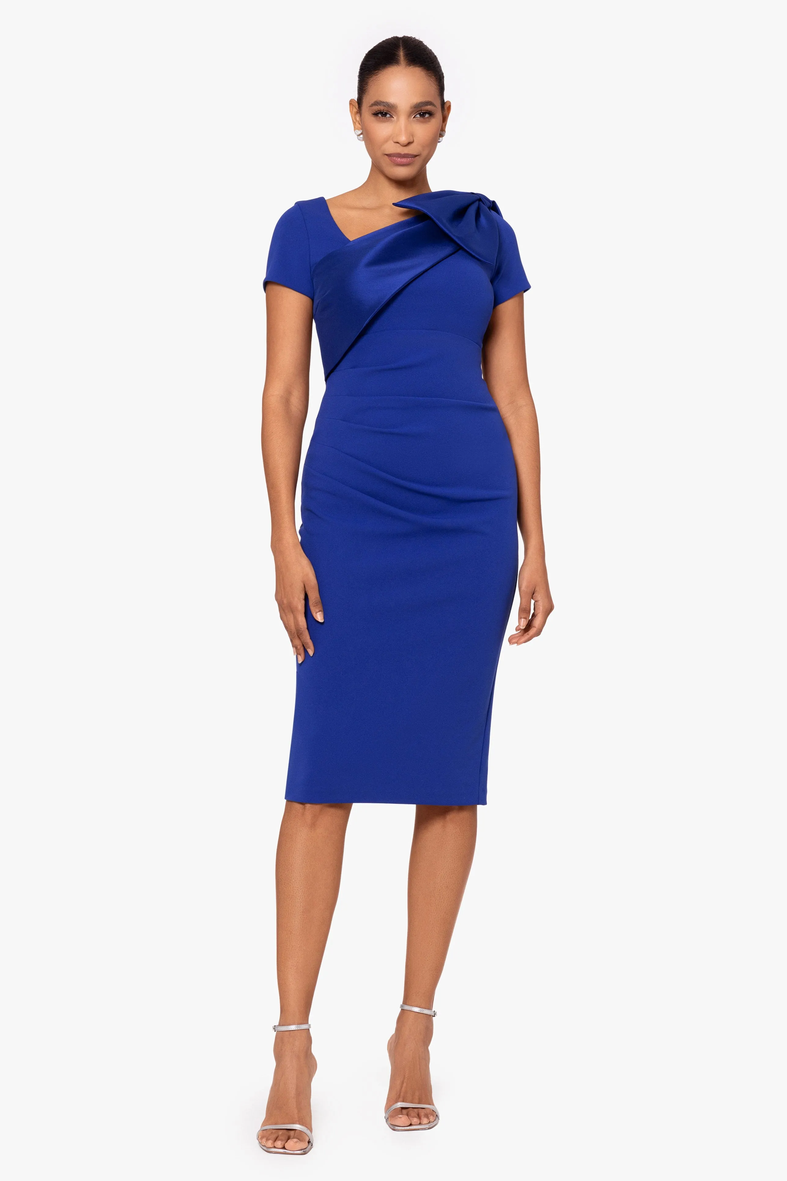 Petite "Jayden" Short Scuba Crepe Shoulder Bow Dress sold by Betsy & Adam