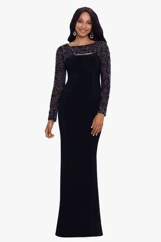 "Haisley" Long Jersey Knit Faux Shrug Beaded Dress sold by Betsy & Adam