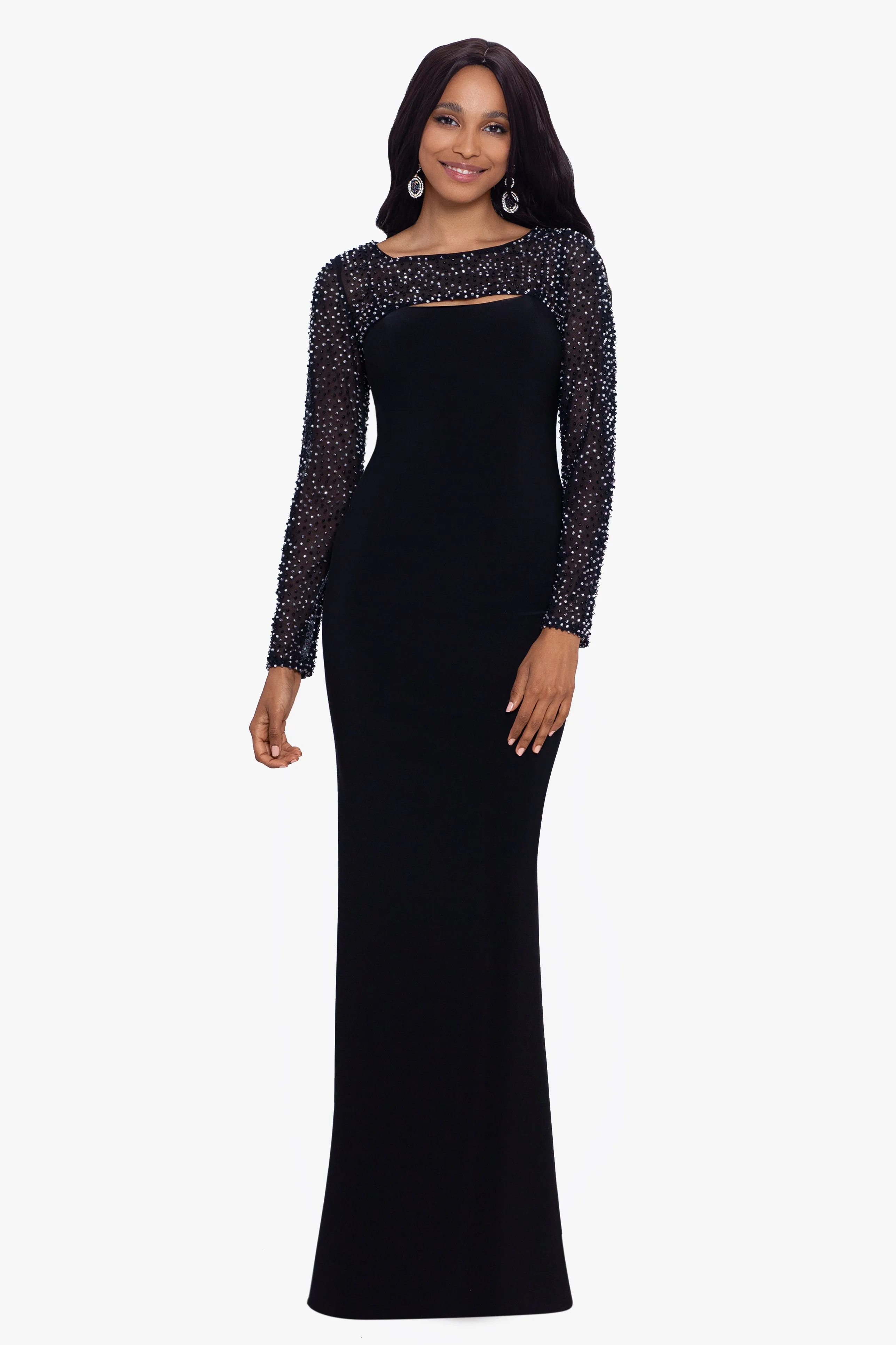 "Haisley" Long Jersey Knit Faux Shrug Beaded Dress sold by Betsy & Adam