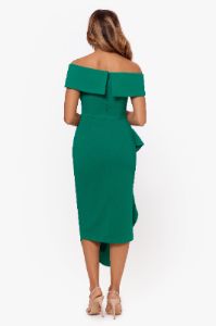 Petite "Maya" Midi Scuba Crepe Off the Shoulder Cuff Side Ruching Dress sold by Betsy & Adam