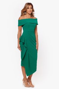 Petite "Maya" Midi Scuba Crepe Off the Shoulder Cuff Side Ruching Dress sold by Betsy & Adam