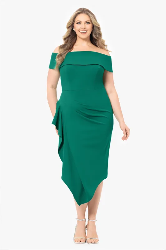 Plus "Maya" Midi Scuba Crepe Off the Shoulder Cuff Side Ruching Dress sold by Betsy & Adam