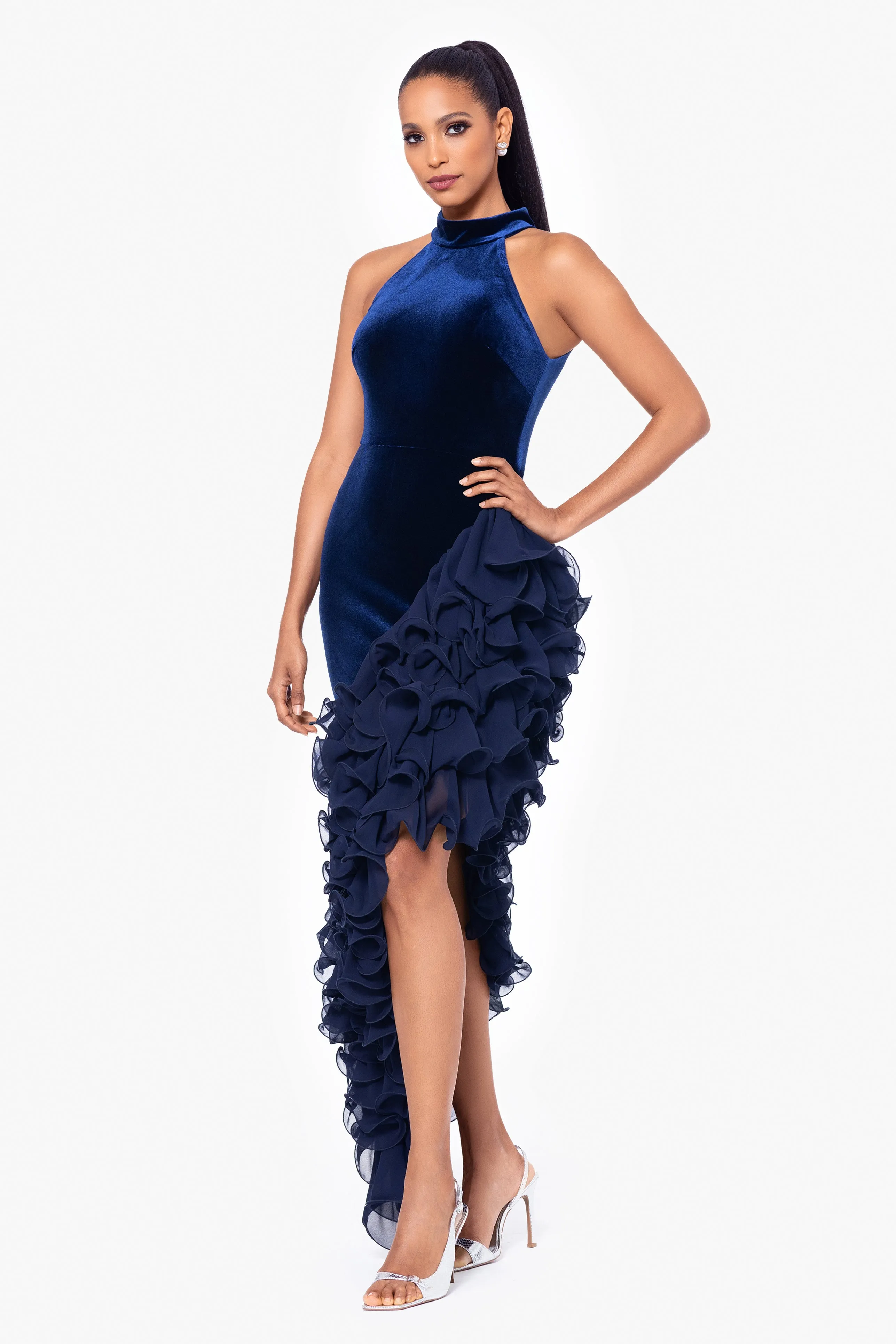 "Cassie" Long Velvet Asymmetrical Ruffle Mock Neck Dress sold by Betsy & Adam product image thumbnail 3