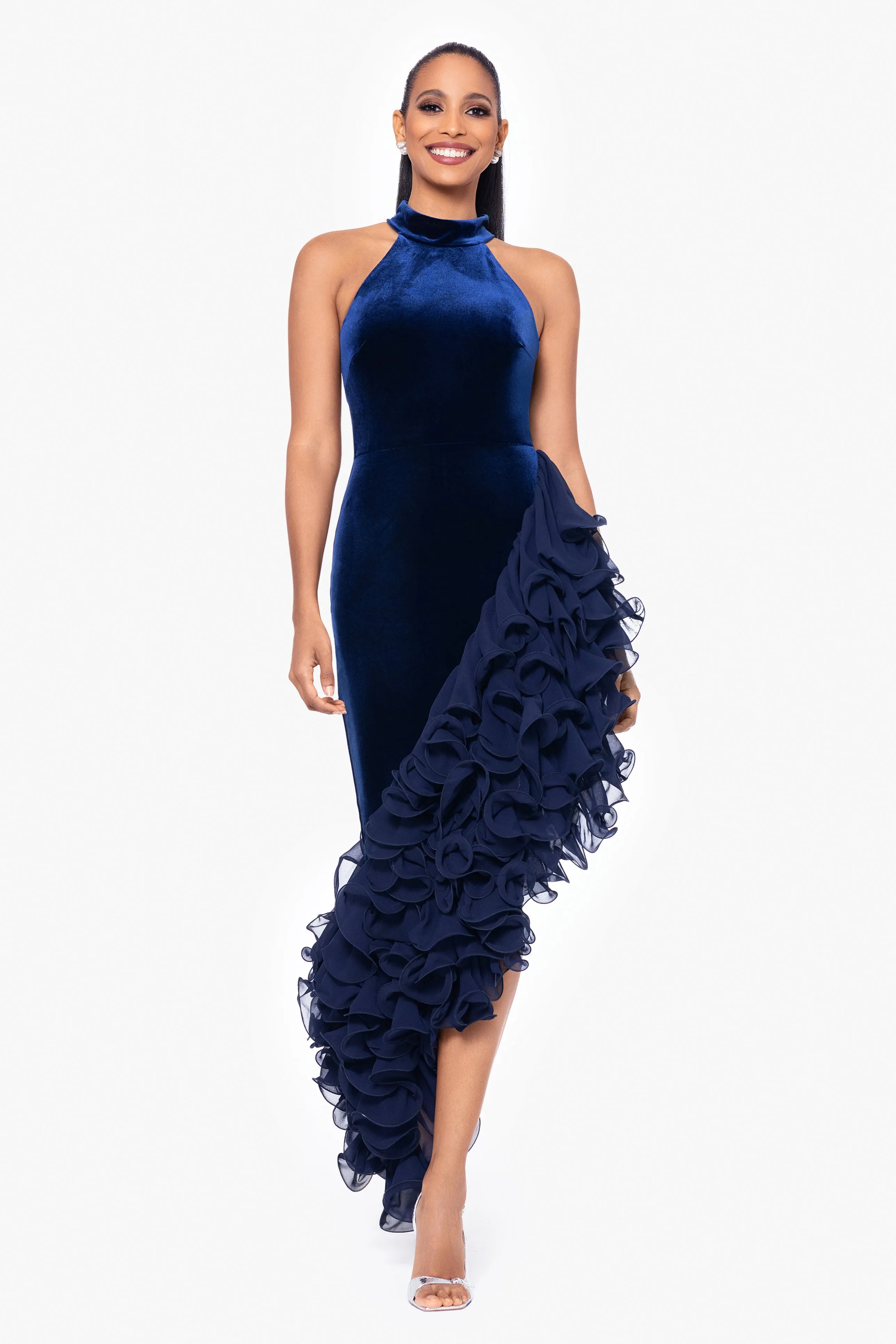 "Cassie" Long Velvet Asymmetrical Ruffle Mock Neck Dress sold by Betsy & Adam