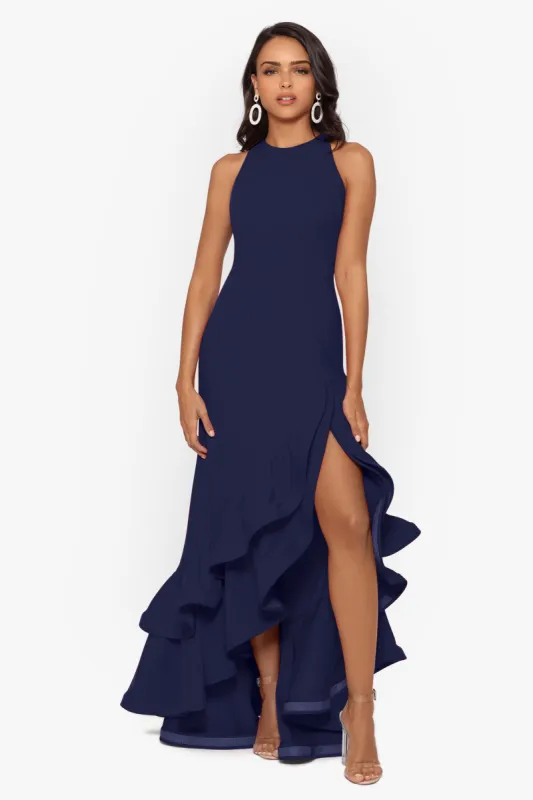 "Arielle" Scuba Crepe Ruffle Slit Gown sold by Betsy & Adam