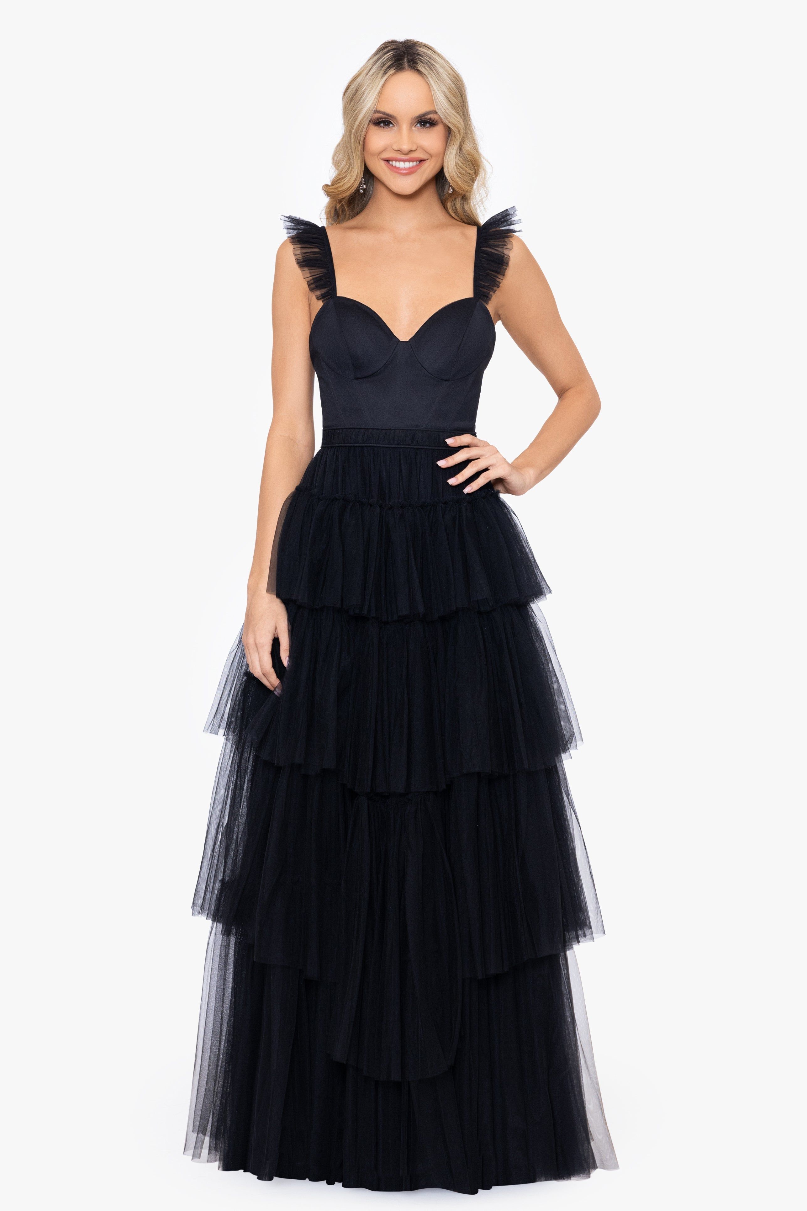 "Mina" Tiered Mesh Ballgown sold by Betsy & Adam