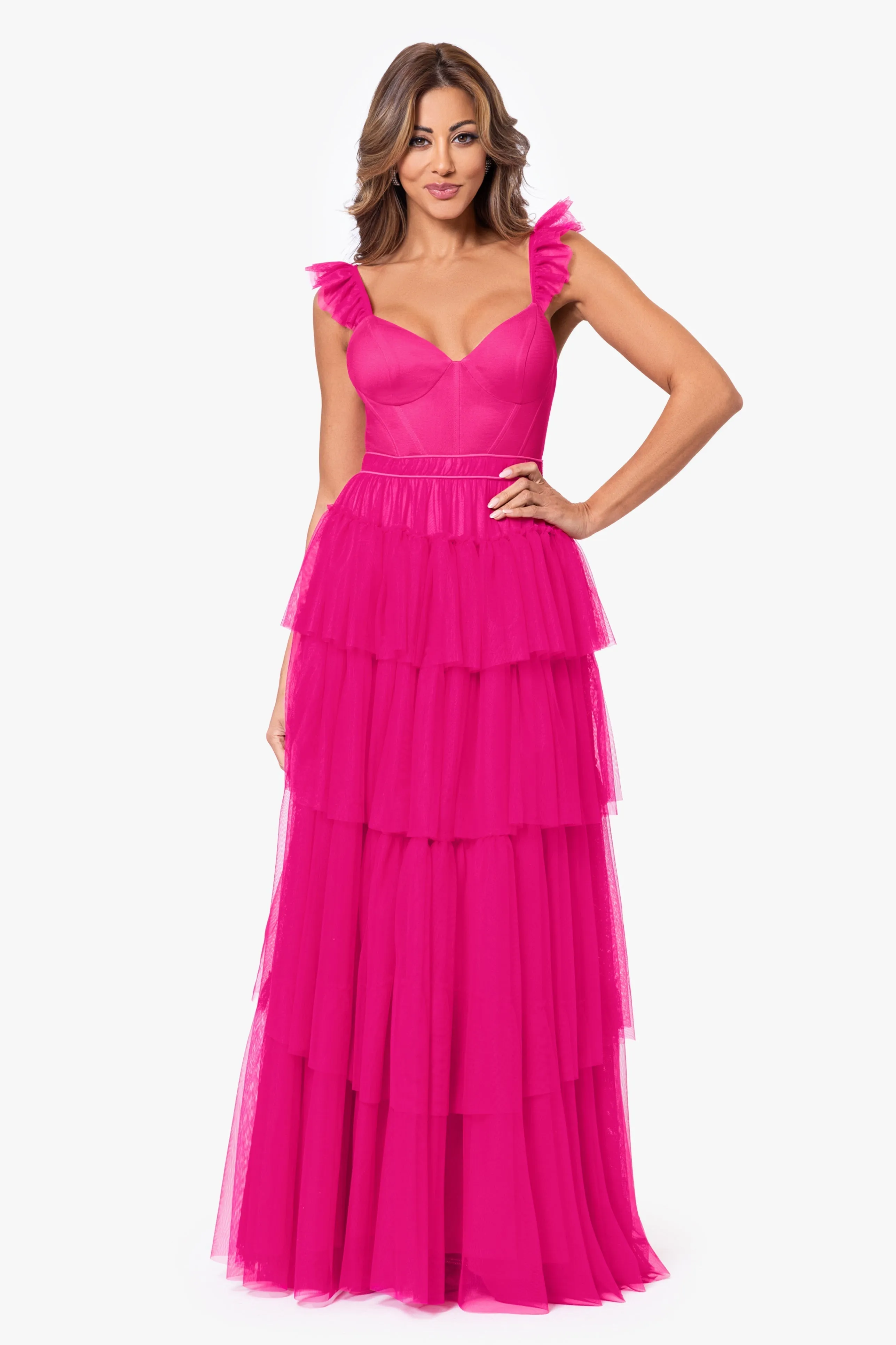 "Mina" Tiered Mesh Ballgown sold by Betsy & Adam