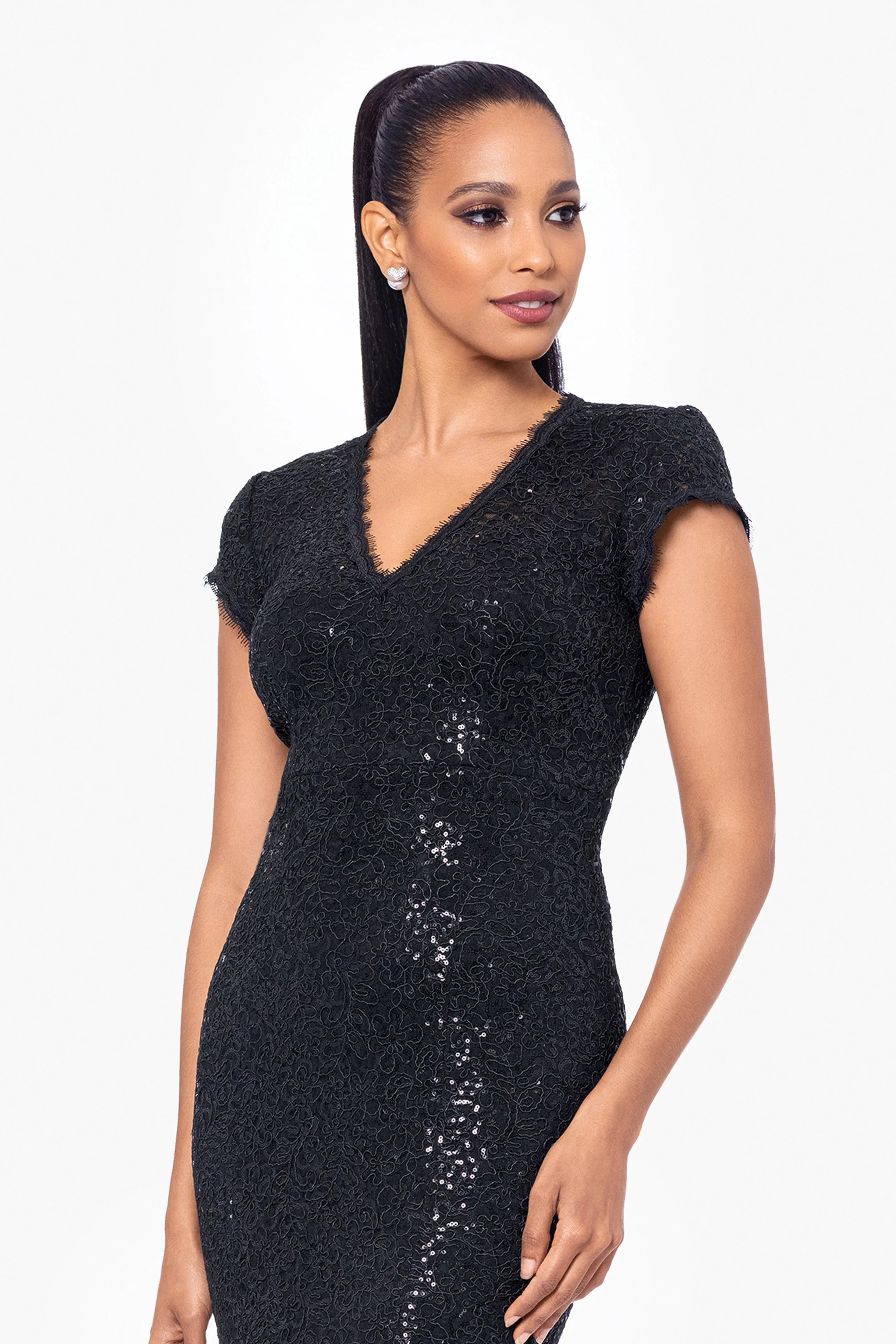 "Penny" Long Sequin Cap Sleeve V-Neck Dress sold by Betsy & Adam product image thumbnail 4