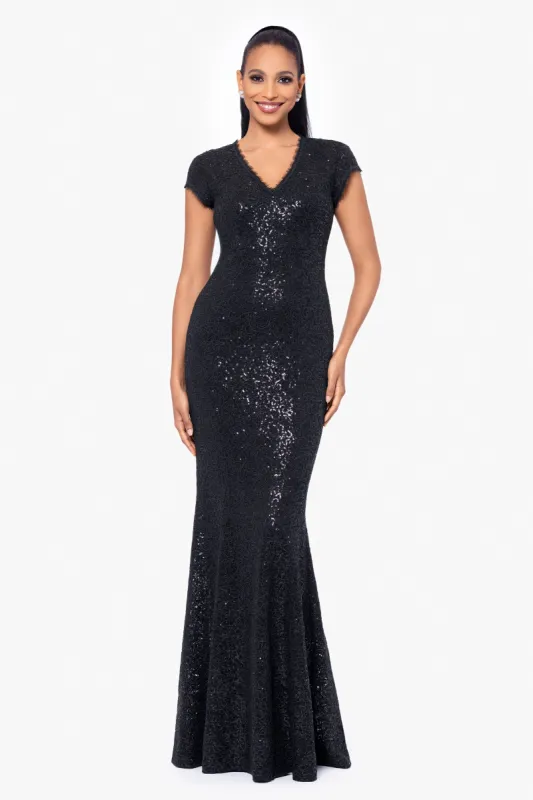 "Penny" Long Sequin Cap Sleeve V-Neck Dress sold by Betsy & Adam