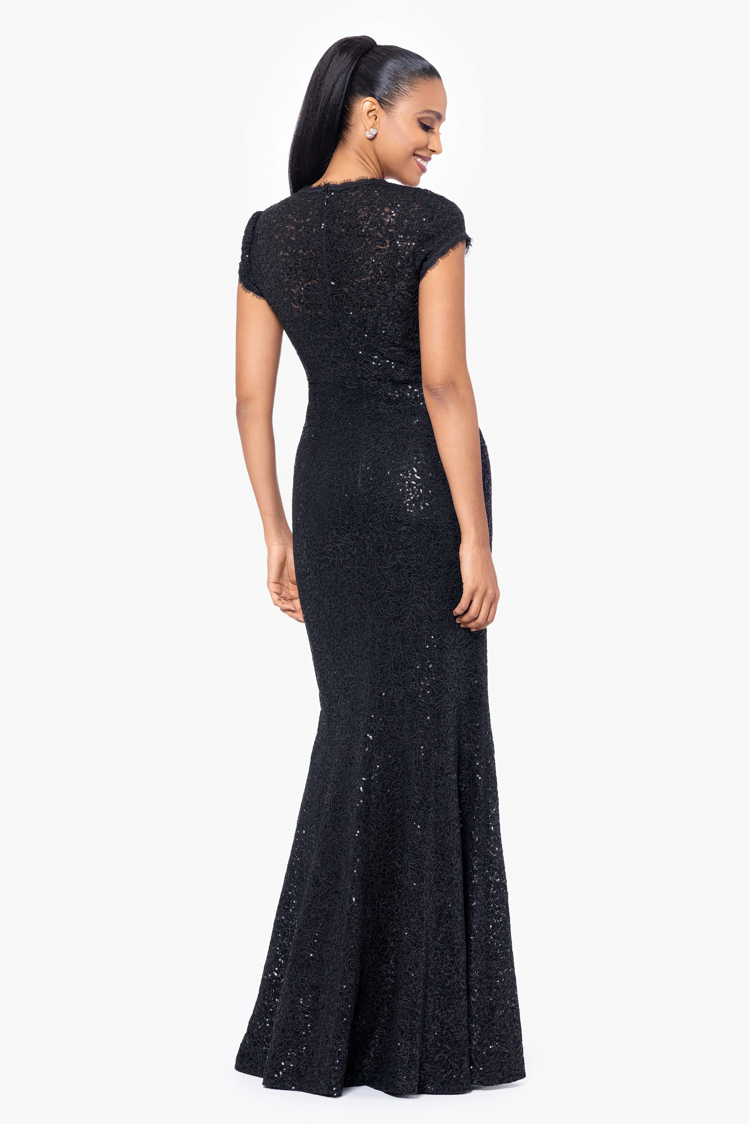 "Penny" Long Sequin Cap Sleeve V-Neck Dress sold by Betsy & Adam product image thumbnail 2