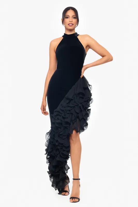 "Cassie" Long Velvet Asymmetrical Ruffle Mock Neck Dress sold by Betsy & Adam