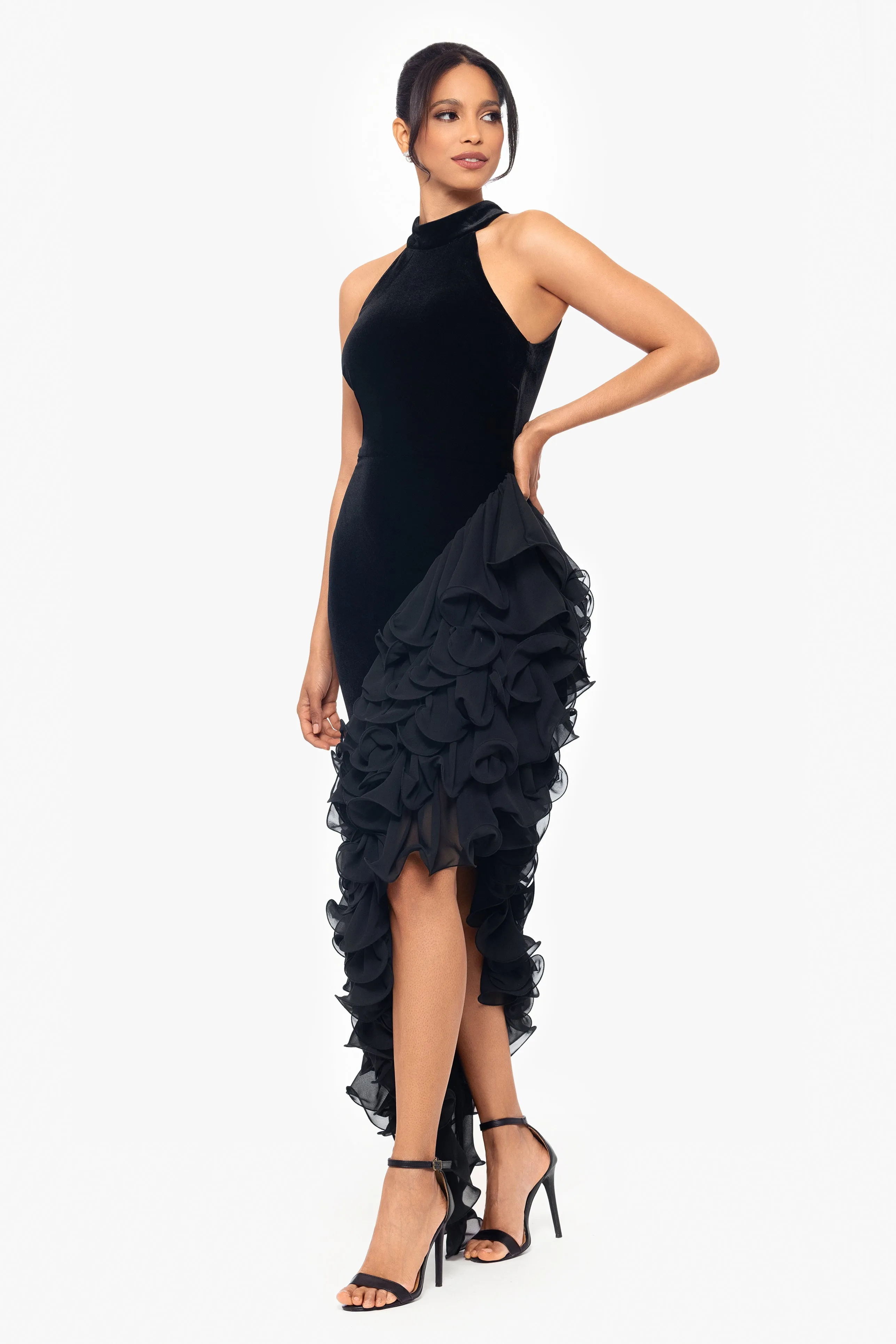 "Cassie" Long Velvet Asymmetrical Ruffle Mock Neck Dress sold by Betsy & Adam product image thumbnail 3