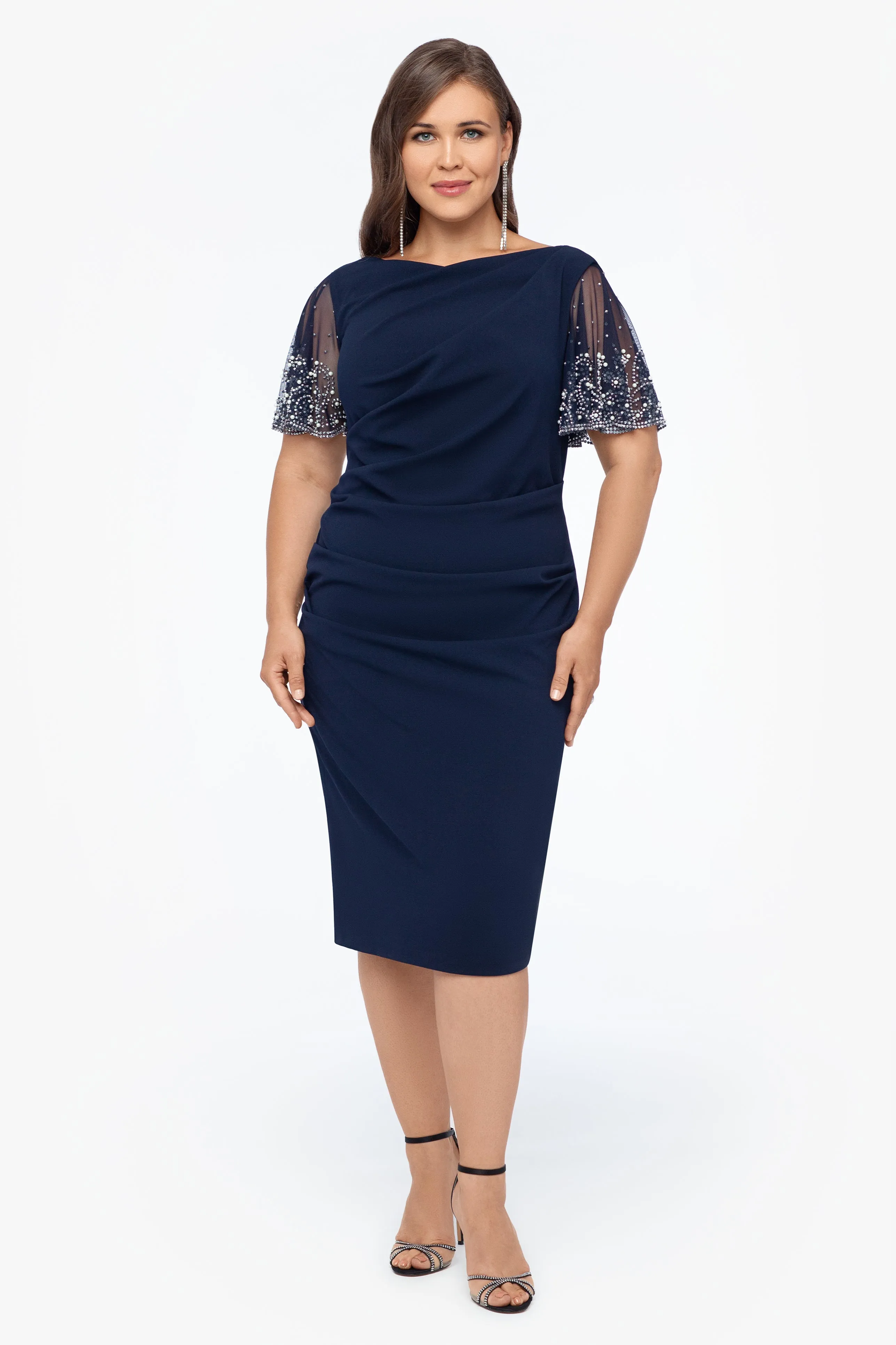 Plus "Emily" Short Scuba Crepe Beaded Sleeve Dress sold by Betsy & Adam