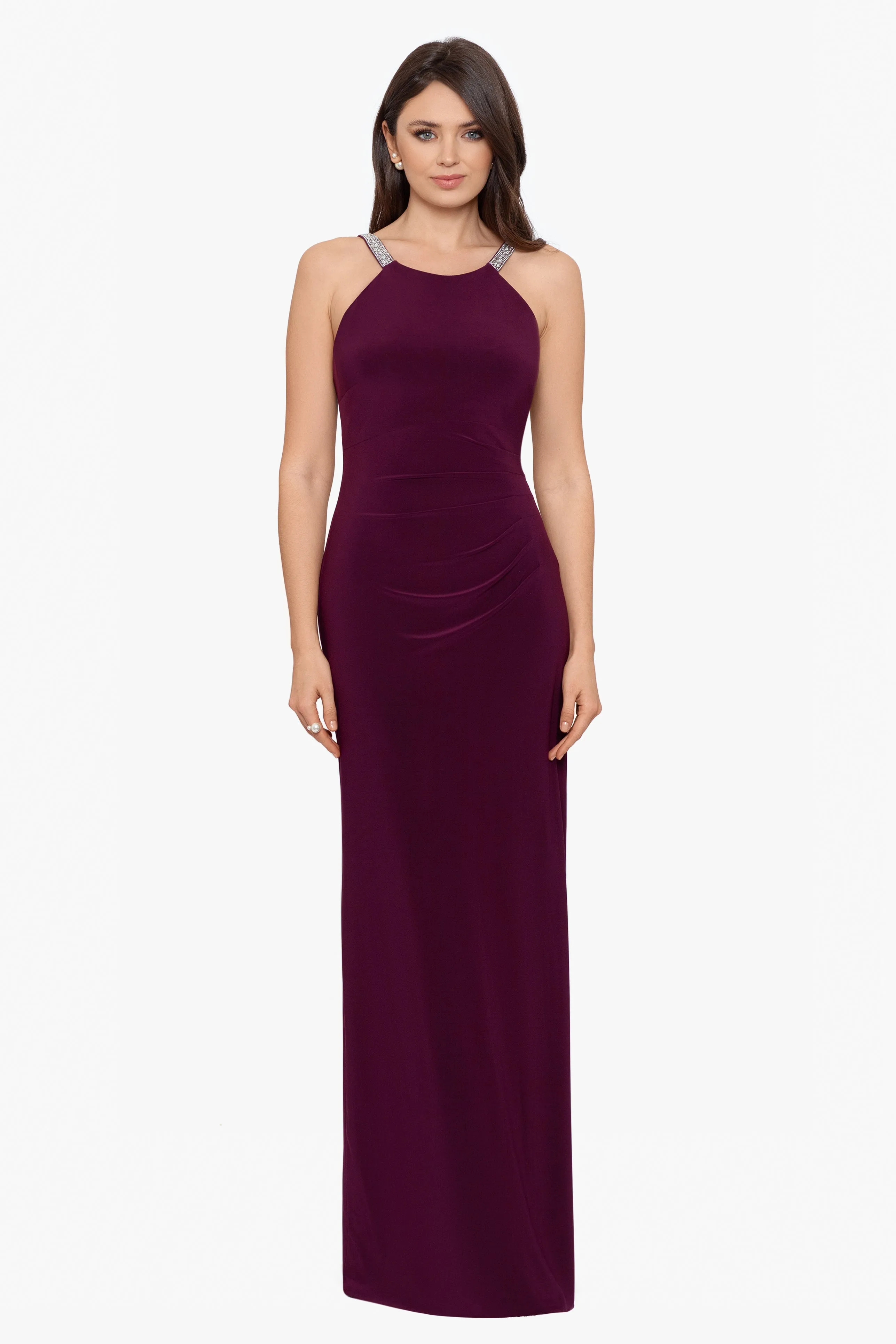 "Jayleen" High Neck Side Ruched Stretch Knit Gown sold by Betsy & Adam