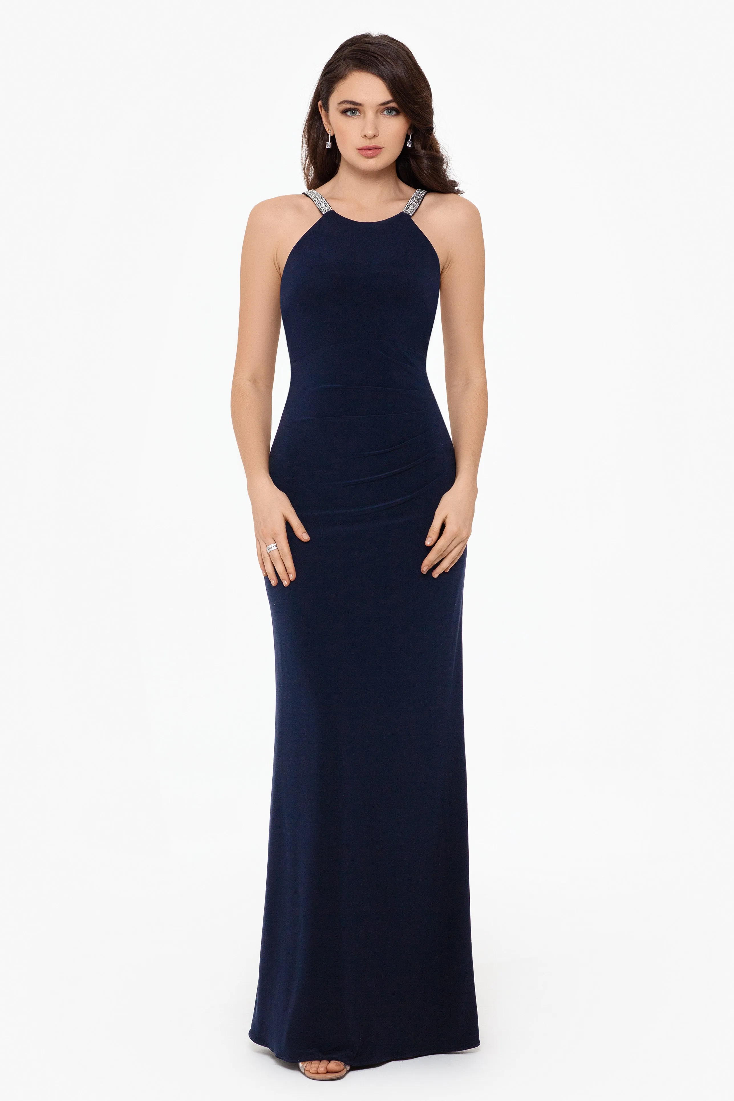"Jayleen" High Neck Side Ruched Stretch Knit Gown sold by Betsy & Adam product image thumbnail 4