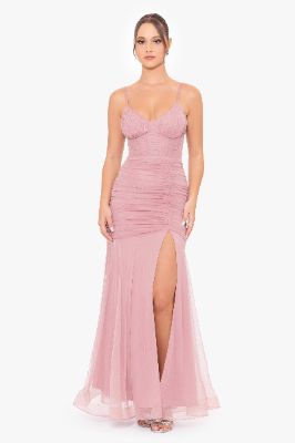 "Alexie" Long Mesh Corset Rouched Mermaid Dress made by Betsy & Adam