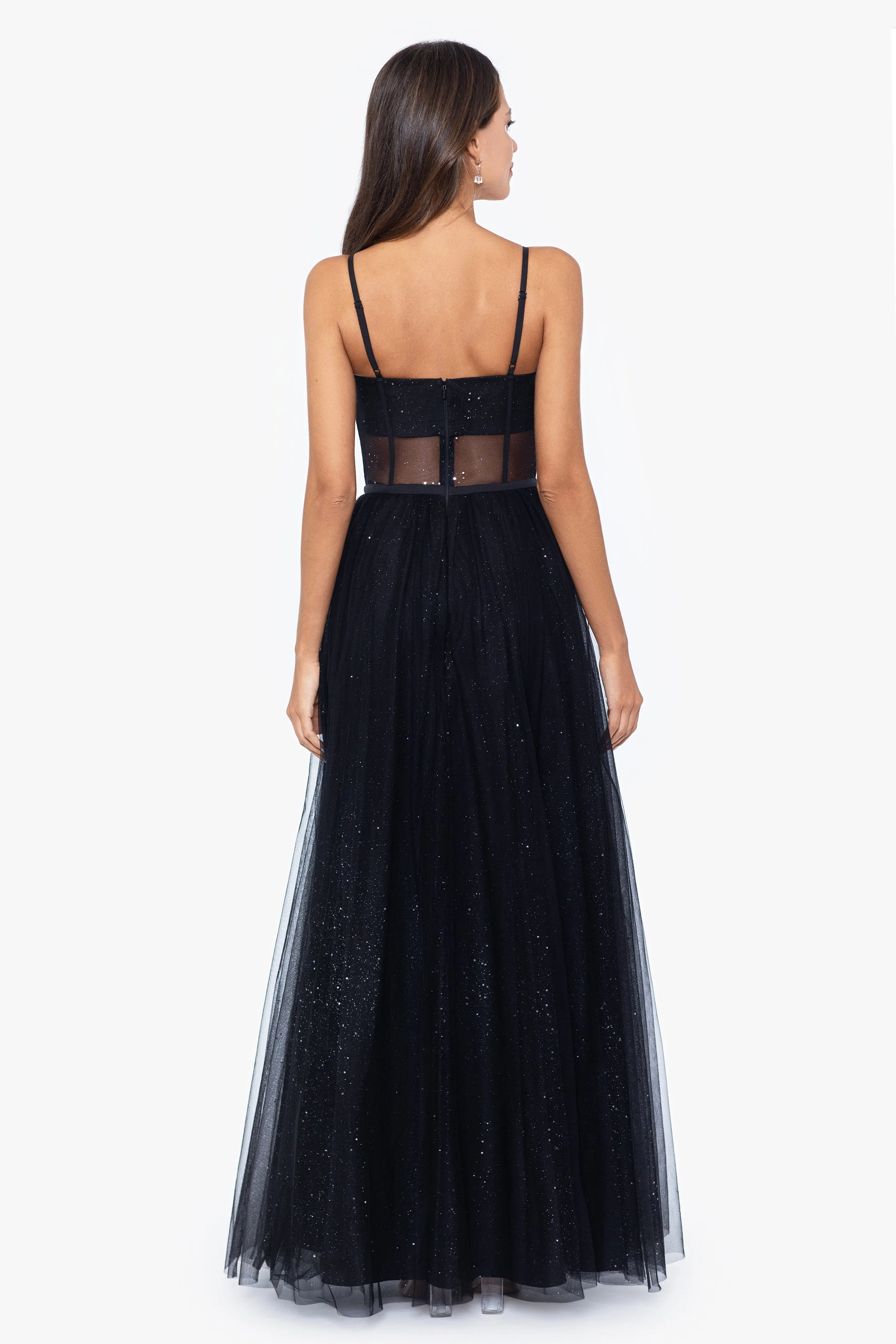 "Simone" Long Glitter Mesh Spaghetti Strap Ballgown sold by Betsy & Adam product image thumbnail 2