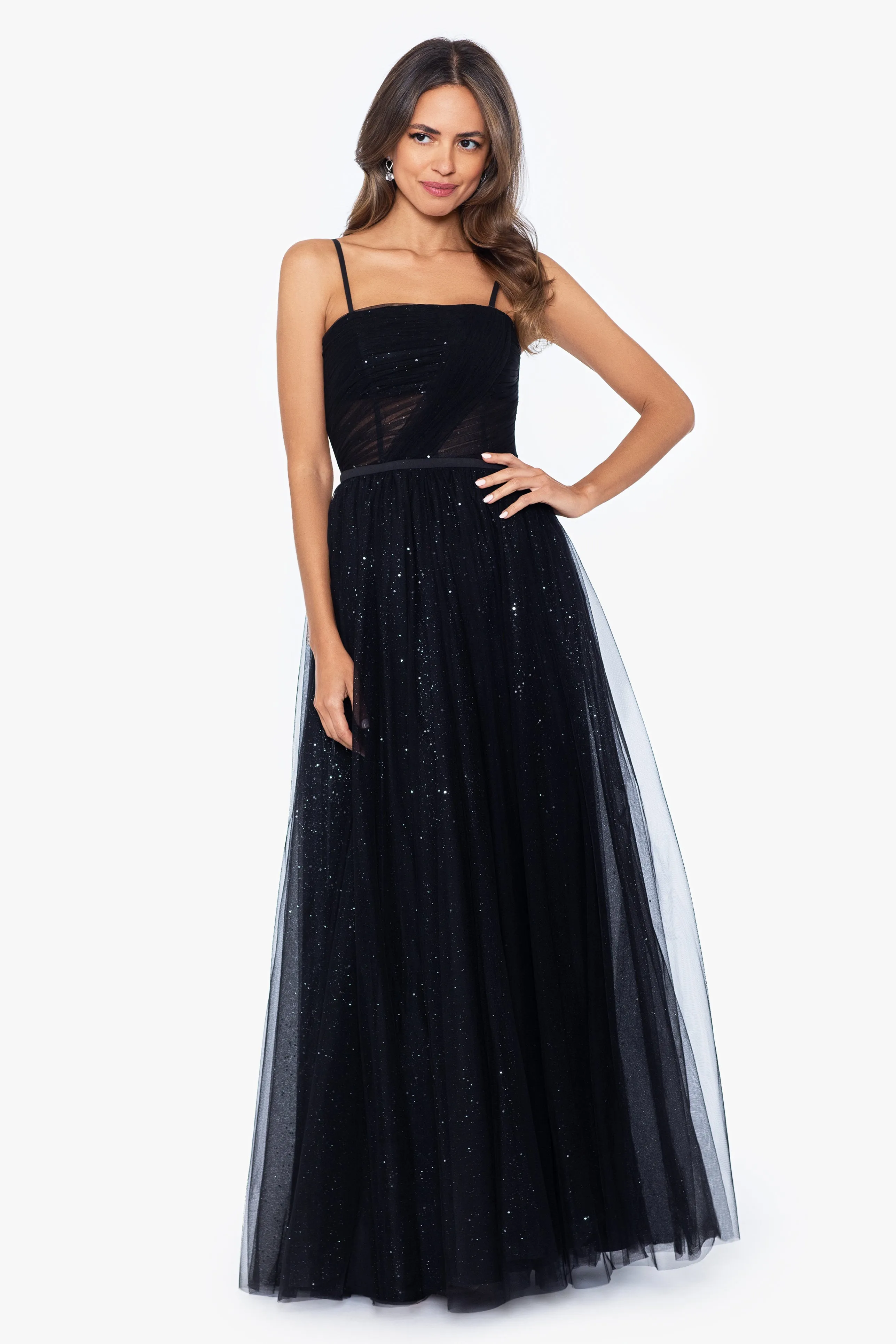 "Simone" Long Glitter Mesh Spaghetti Strap Ballgown sold by Betsy & Adam product image thumbnail 3