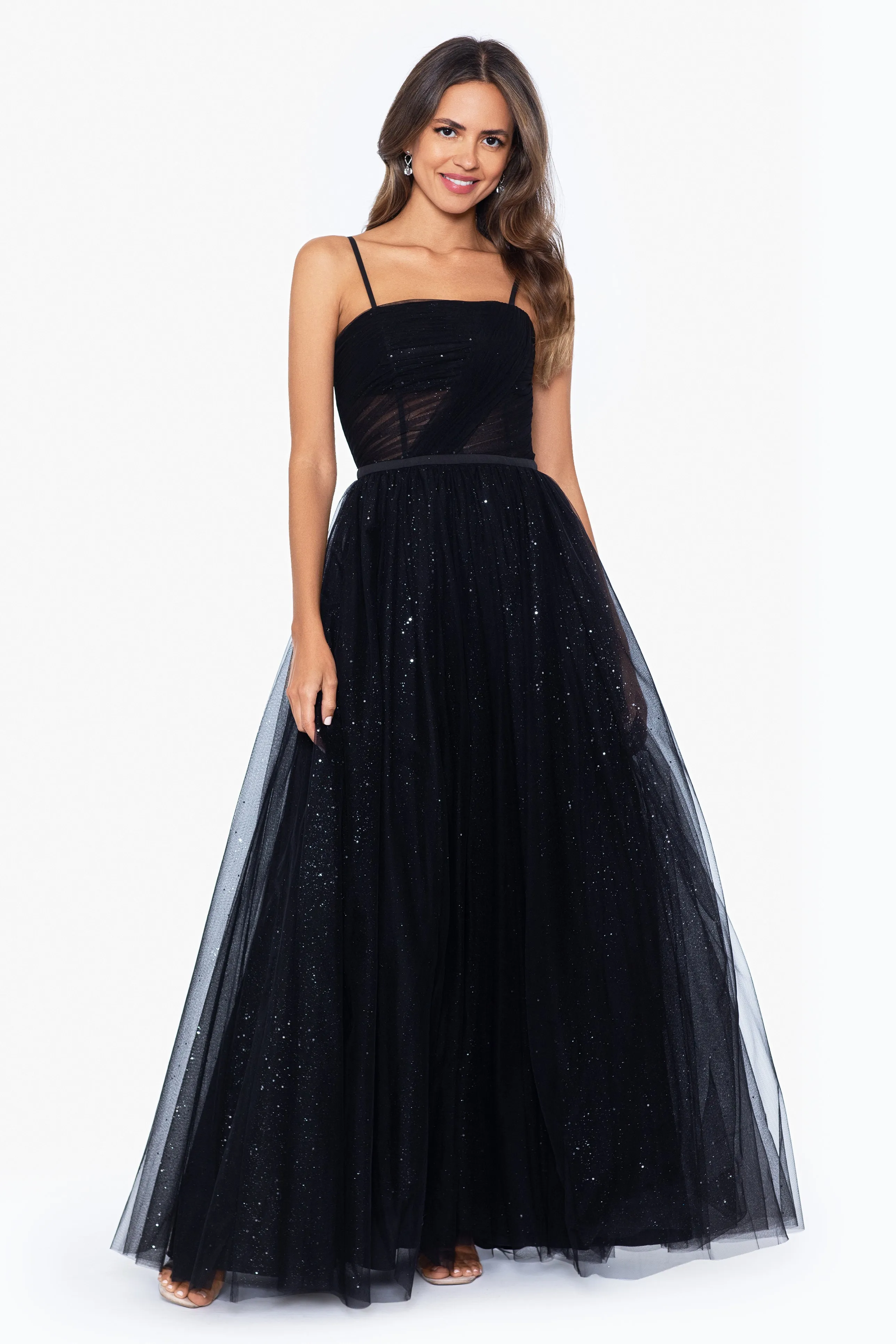 "Simone" Long Glitter Mesh Spaghetti Strap Ballgown sold by Betsy & Adam