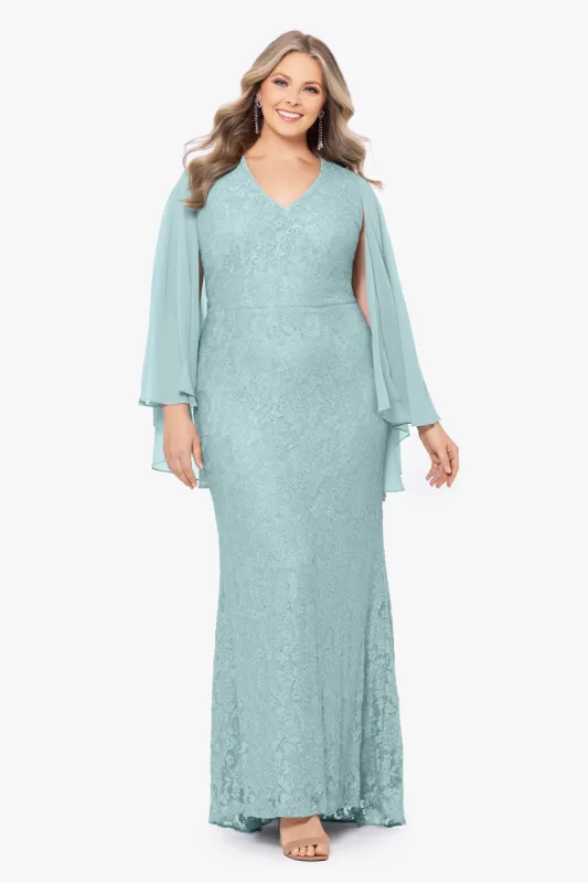 Plus "Dani" Long Lace Dress with Chiffon Cape sold by Betsy & Adam