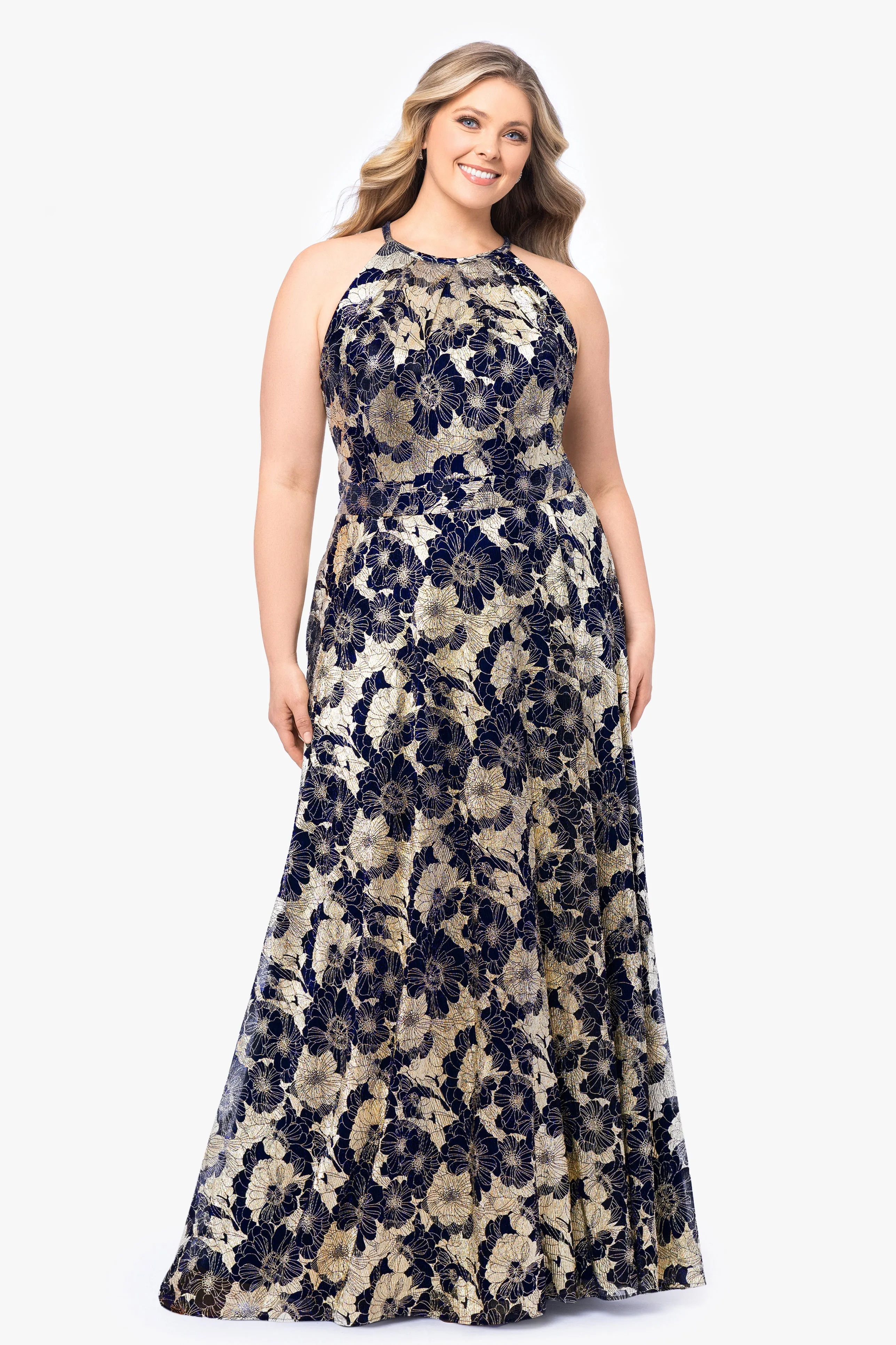 Plus "Layla" Long Halter Top Wrap Foil Print Dress sold by Betsy & Adam product image thumbnail 5