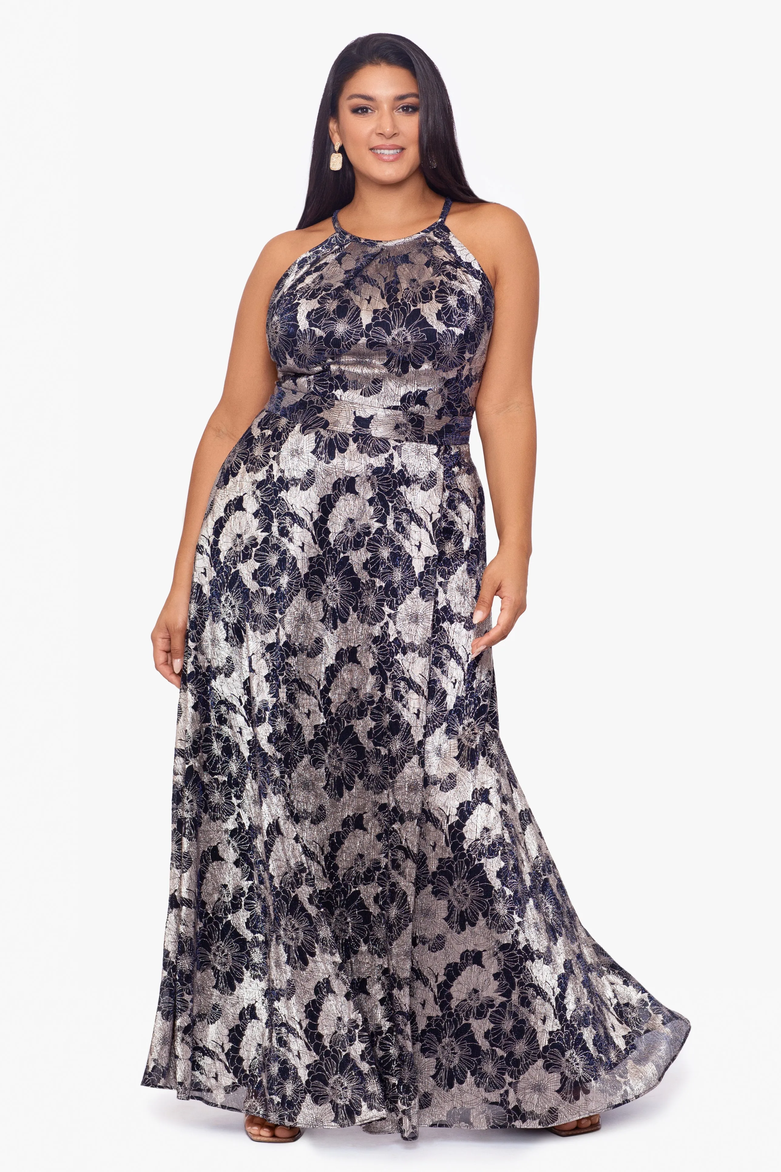 Plus "Layla" Long Halter Top Wrap Foil Print Dress sold by Betsy & Adam