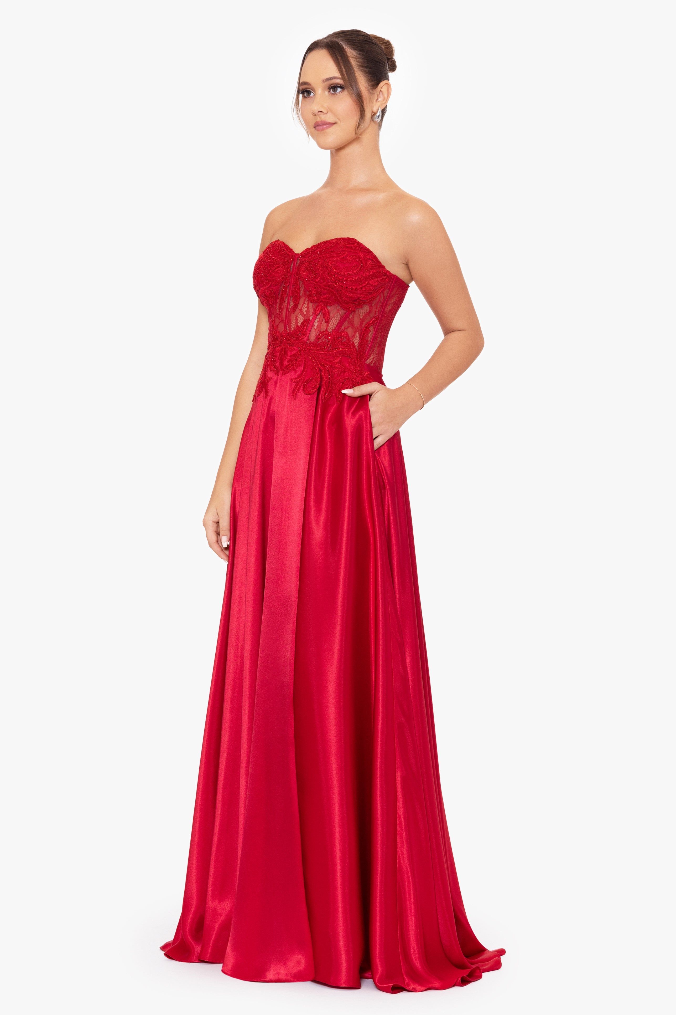 "Melissa" Charmeuse Illusion Bodice Applique Gown sold by Betsy & Adam product image thumbnail 3