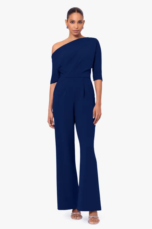 "Luisa" Long Scuba Crepe Off the Shoulder Jumpsuit made by Betsy & Adam
